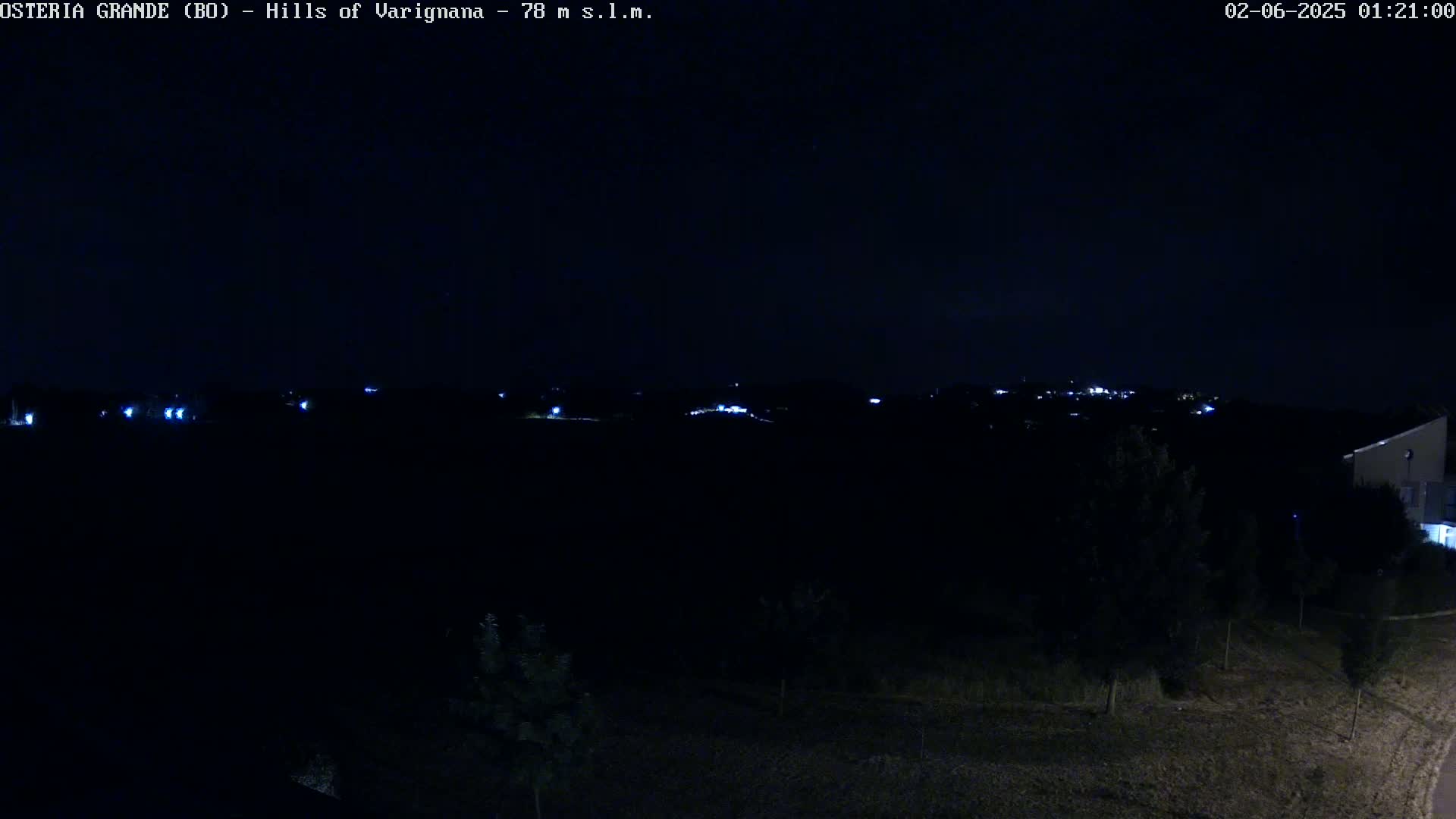 A nighttime view of dark, sparsely vegetated land with a few distant lights visible on a hill in the background under a clear, dark sky.
