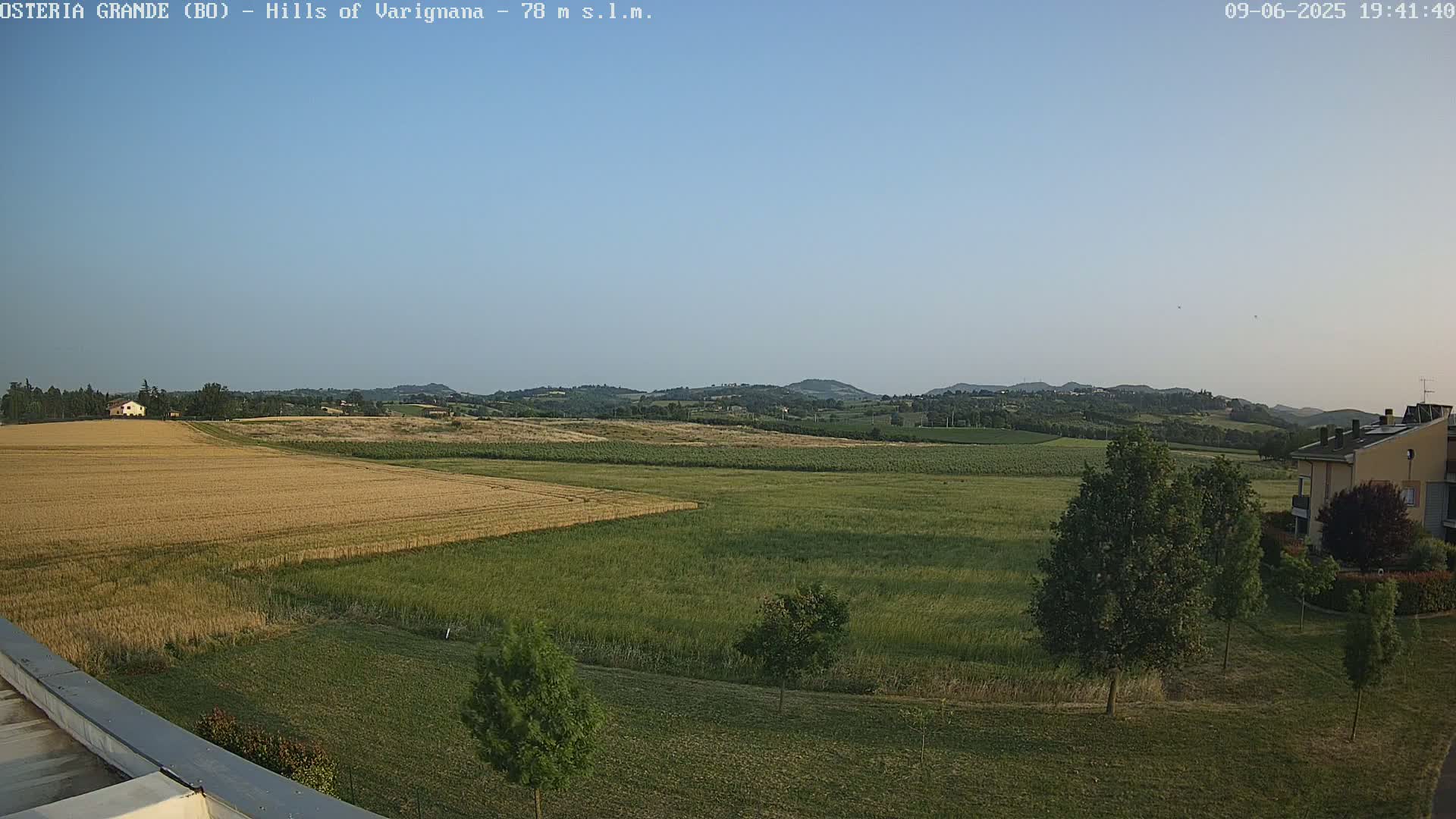 A flat, grassy field with a section of golden wheat, a few trees, and distant rolling hills under a clear, light blue sky.