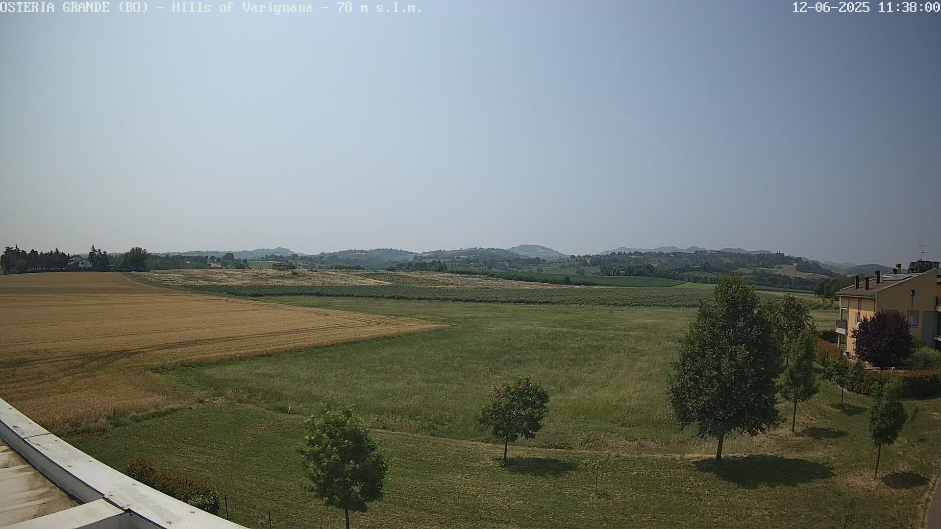 A wide, sunny outdoor view shows a mostly flat landscape of fields, some with golden-brown crops, others green, with a few scattered trees and a distant line of rolling hills under a clear, light-blue sky.