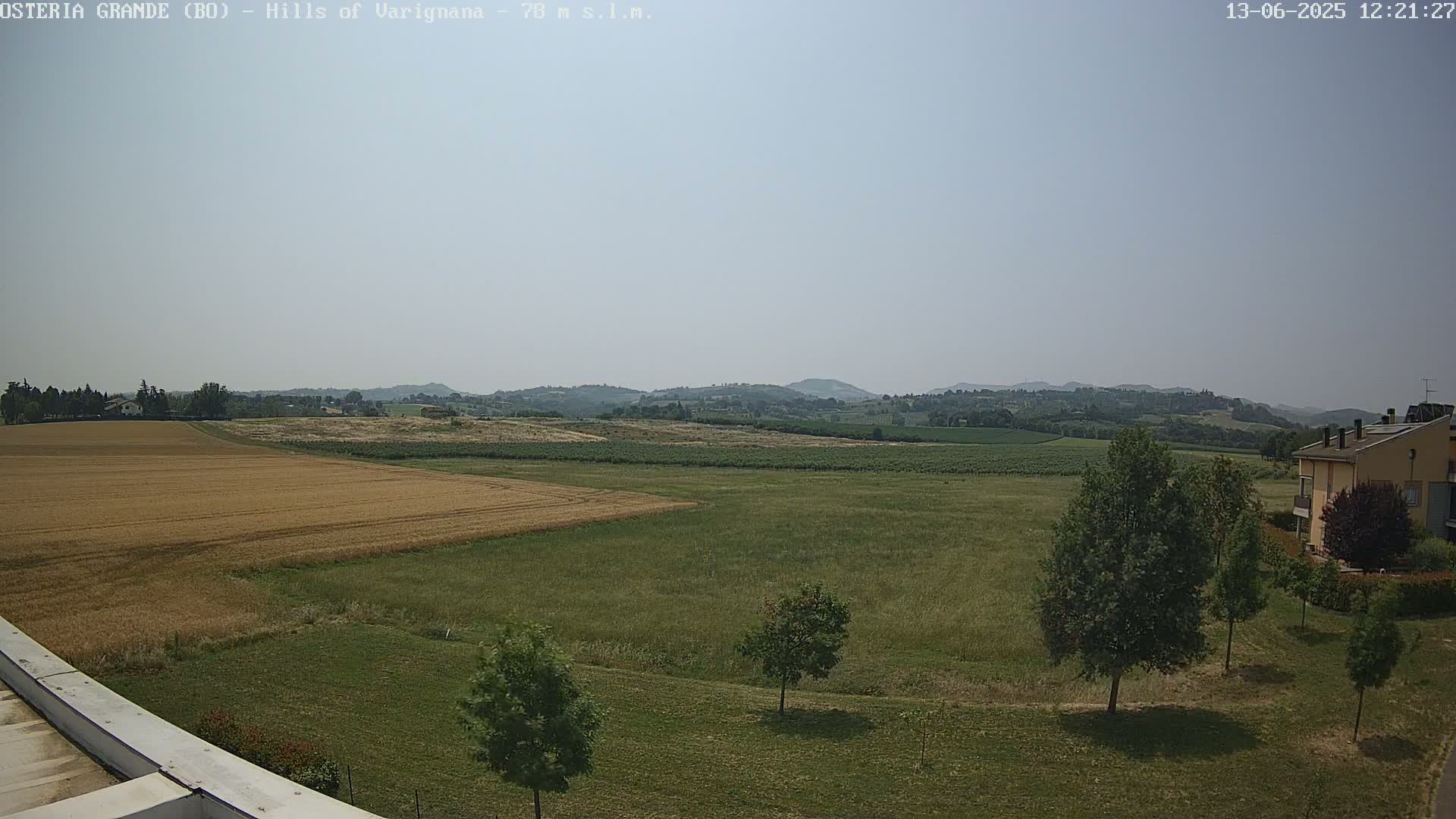 A mostly sunny view of a flat, grassy field with a golden wheat field, a few scattered trees, and a building in the distance, under a hazy sky.