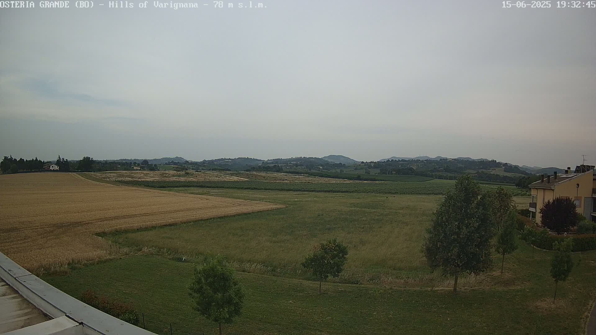 A view of rolling hills and fields of golden-brown and green vegetation under an overcast sky.