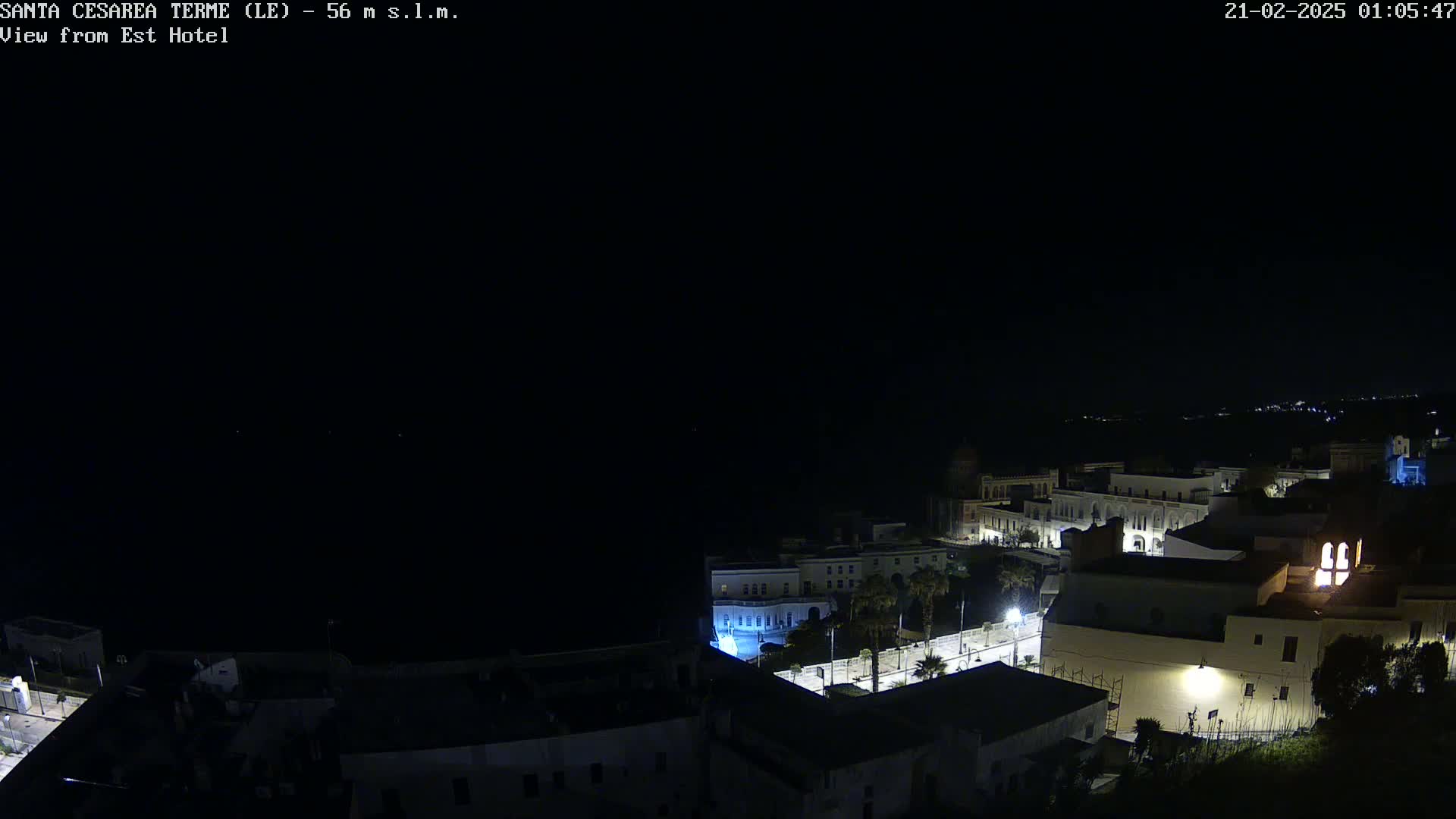 A nighttime, high-angle view shows a coastal town with dimly lit buildings and streets next to a dark body of water under a clear, dark sky.
