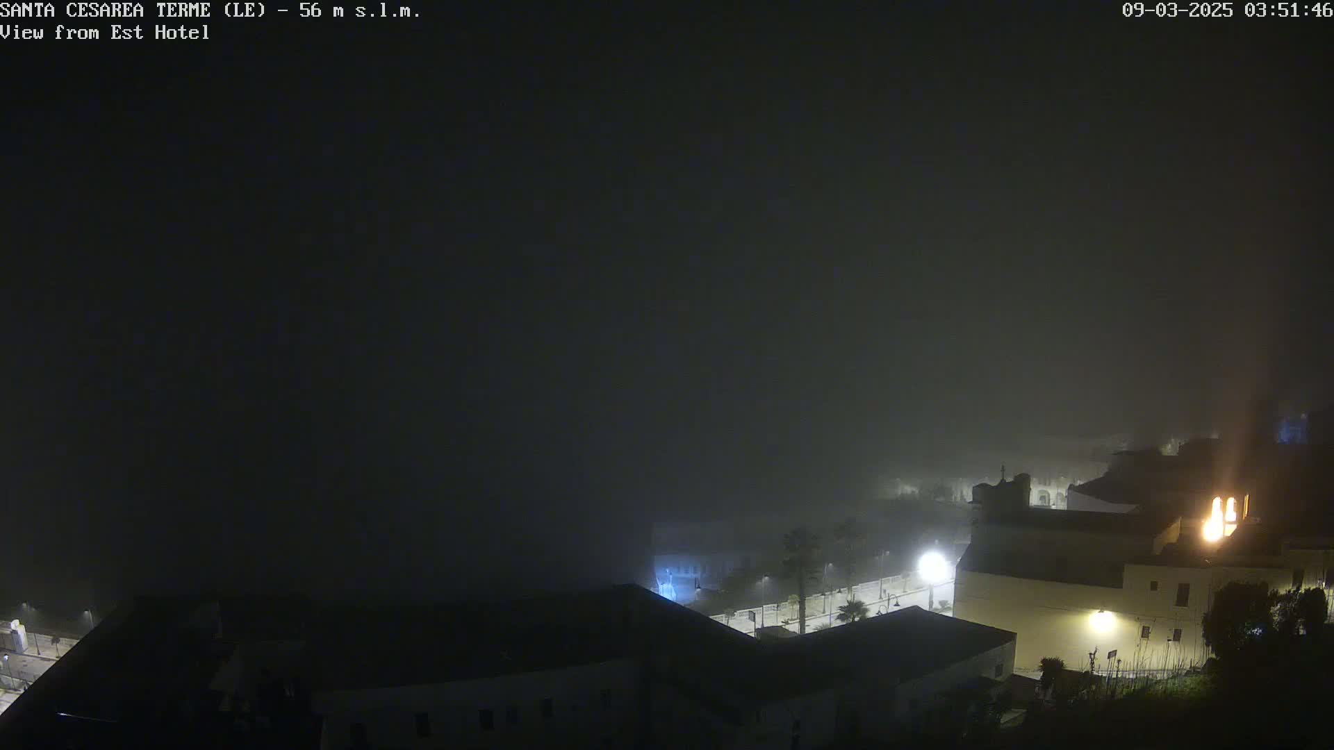A foggy night scene shows dimly lit buildings and streets.