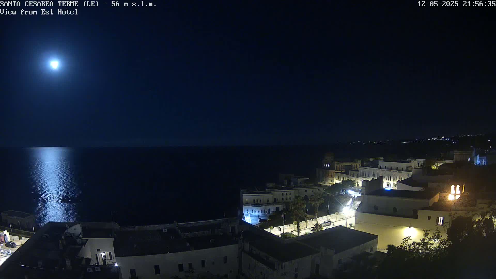 A bright moon illuminates a calm sea at night, reflecting on the water in front of a coastal town with lit buildings.