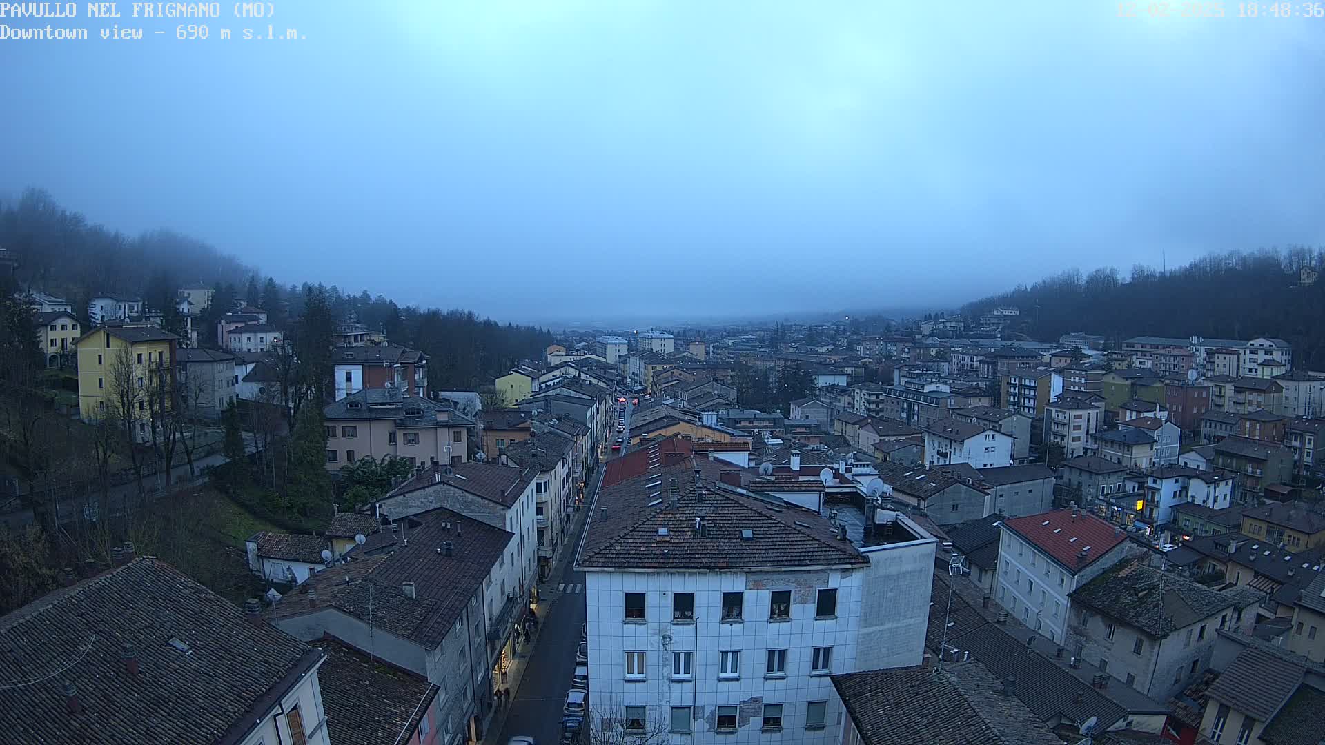 A foggy, twilight view overlooks a town composed of many closely packed buildings with brown roofs.