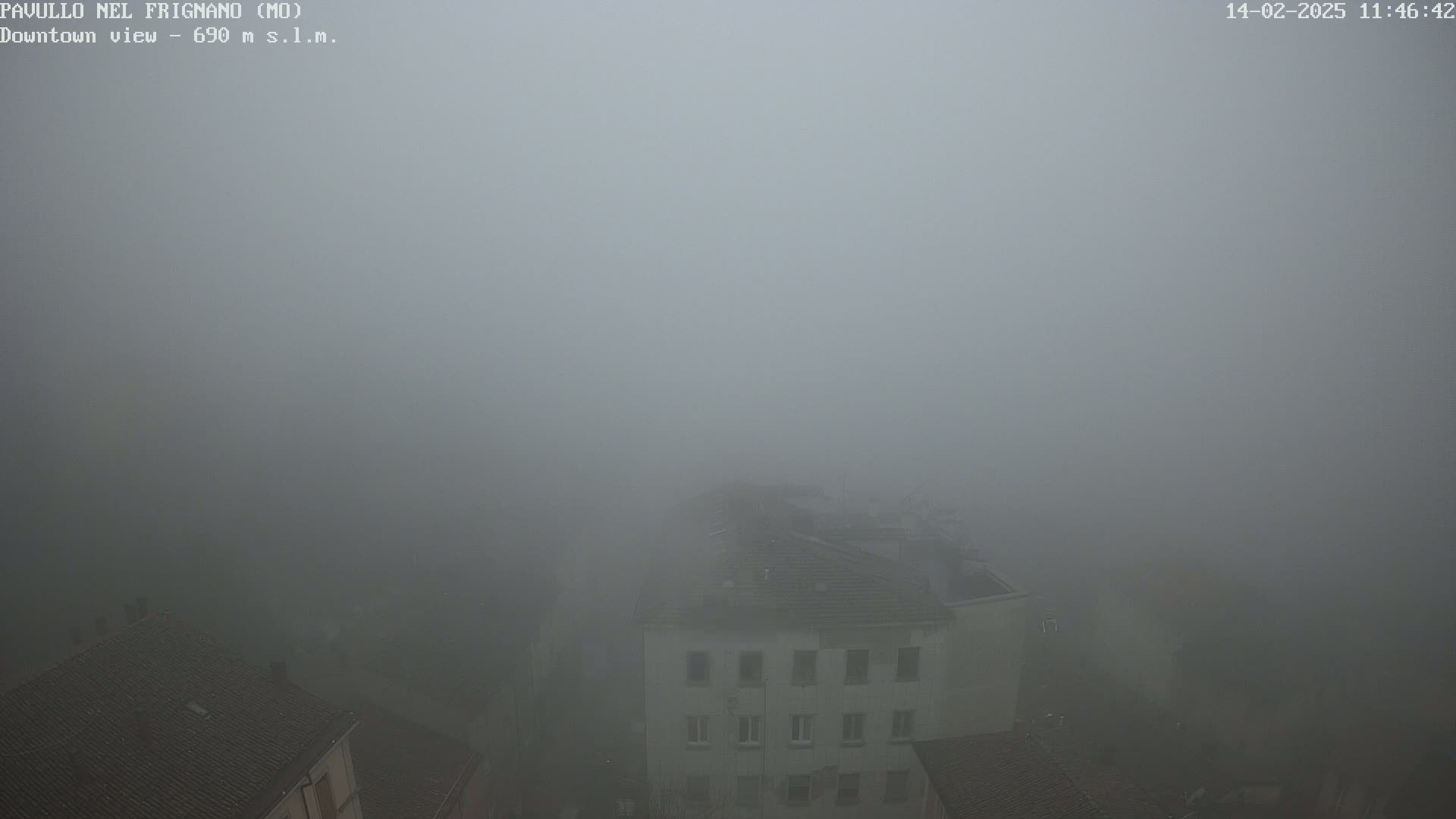 A foggy view of a building's rooftops and a portion of a multi-story building are visible in the dense fog.