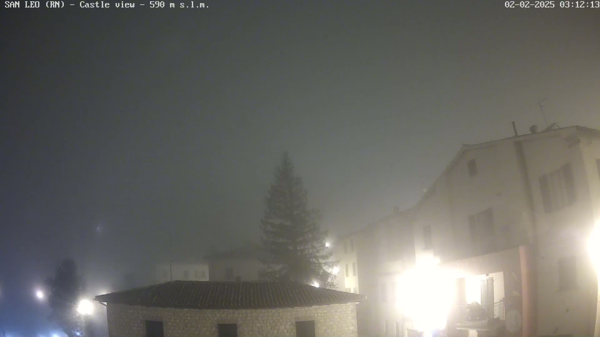A foggy night scene shows several stone buildings illuminated by streetlights, with a tall evergreen tree in the center.
