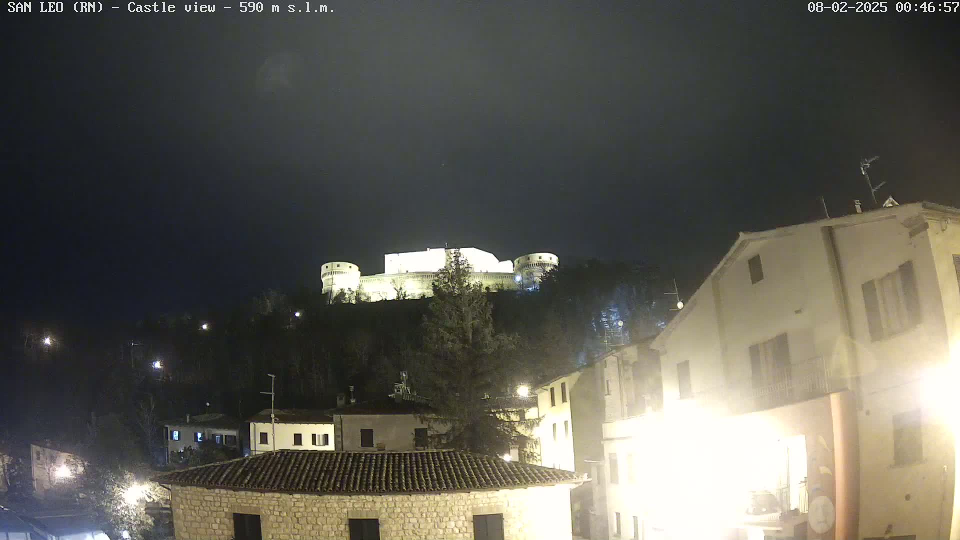 A nighttime view of a hilltop castle illuminated, overlooking a town with buildings lit by streetlights under a dark, clear sky.