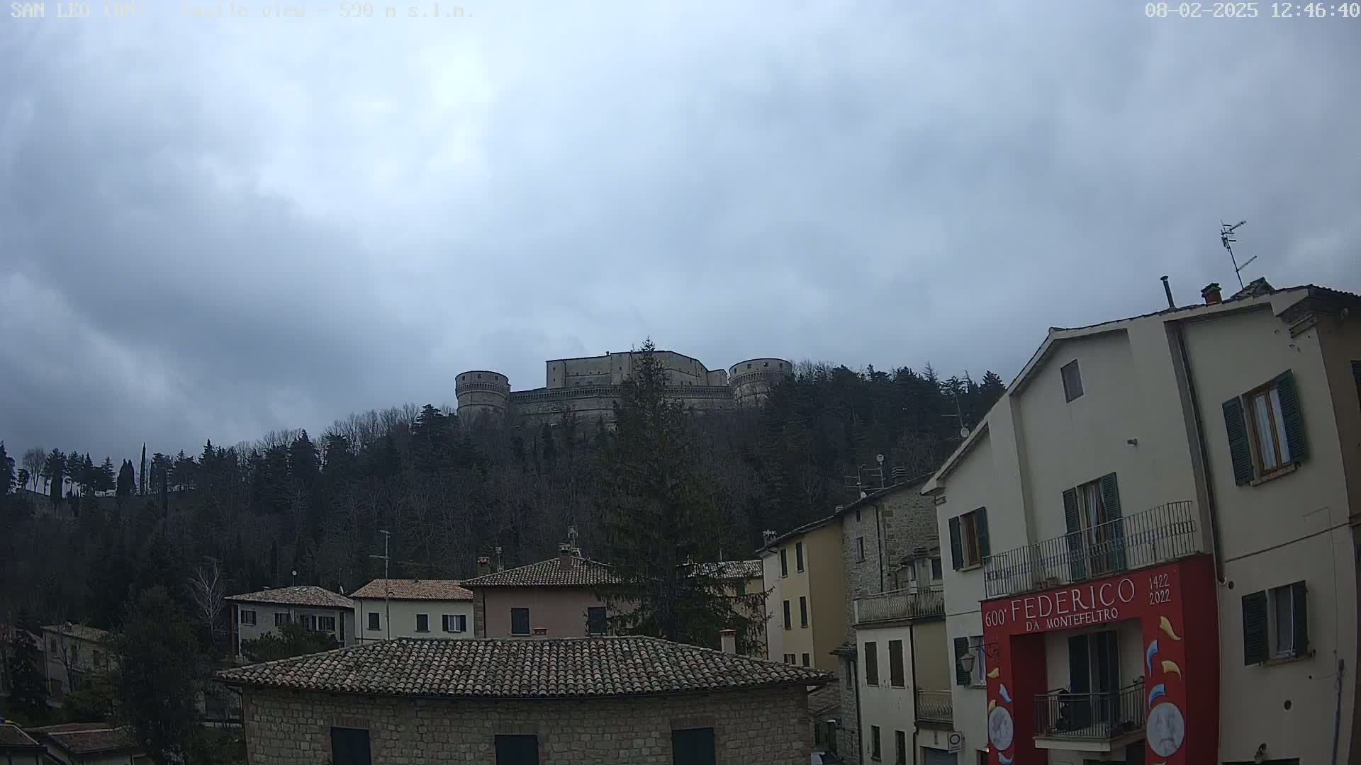 A large stone castle sits atop a hill covered in leafless trees under an overcast sky, overlooking a town of low stone buildings.