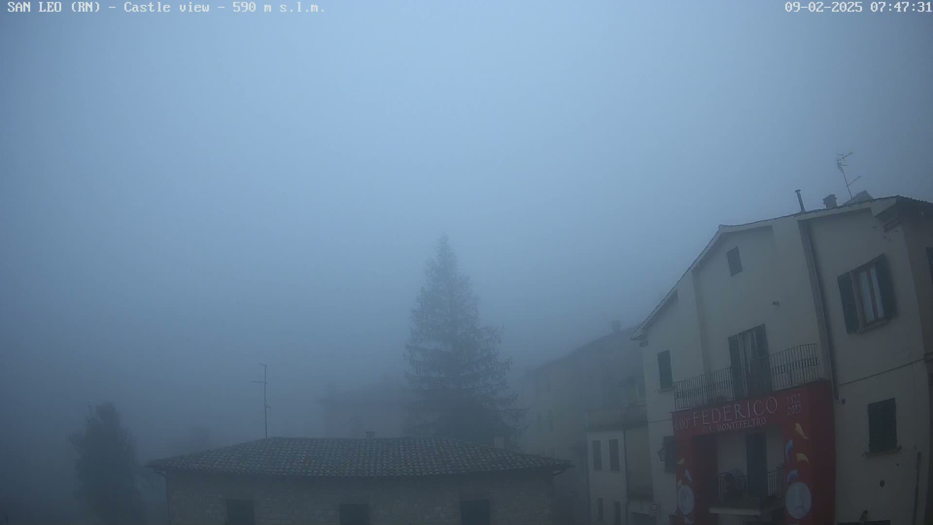 A foggy village scene shows several stone buildings and a lone evergreen tree.