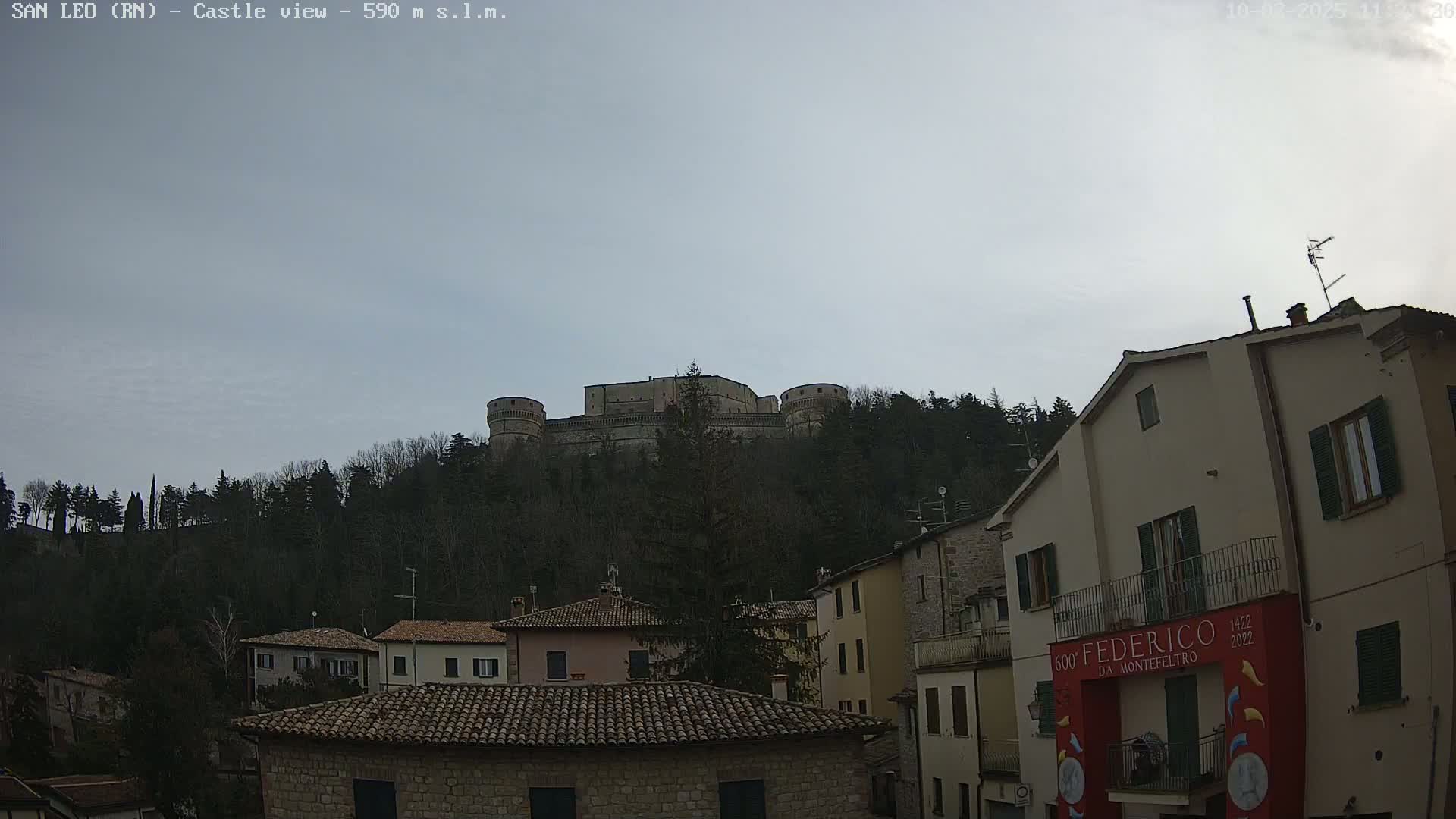 A stone castle sits atop a tree-covered hill overlooking a town of stone buildings under an overcast sky.