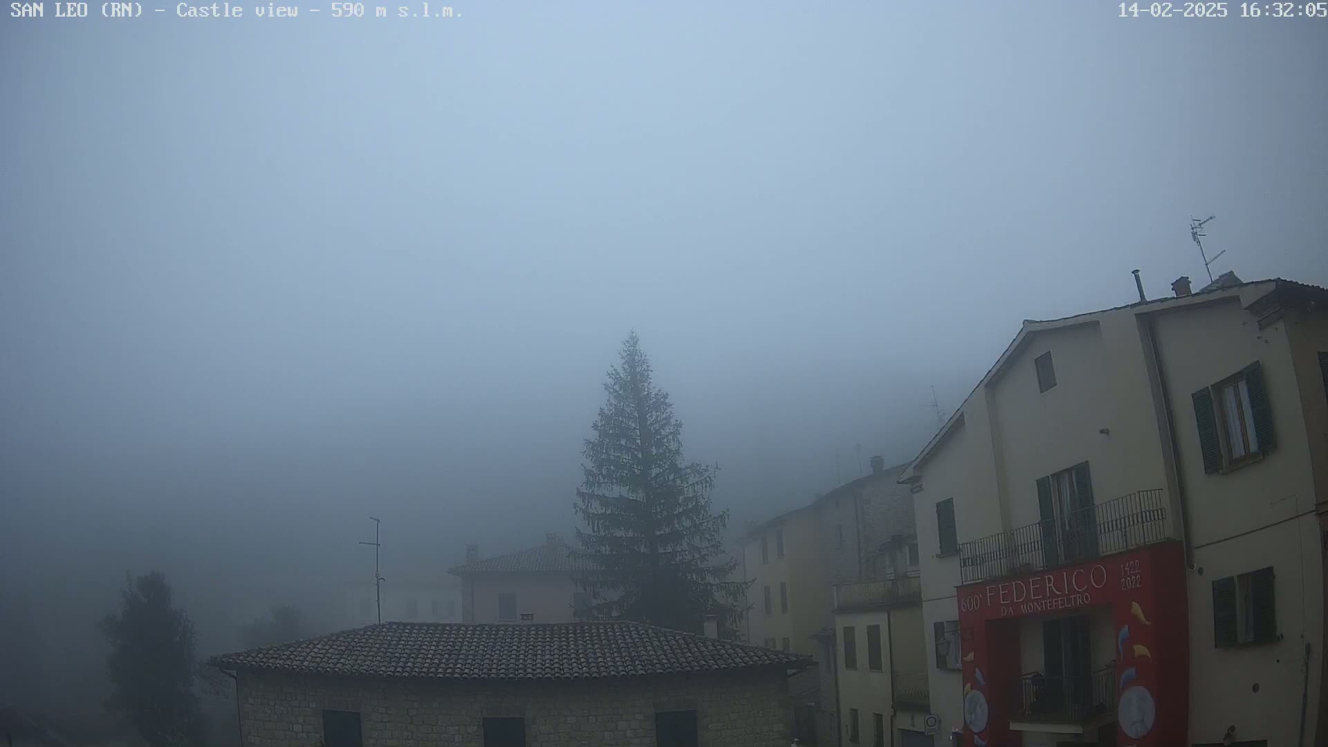 A thick fog obscures a view of stone buildings and a single evergreen tree in a small town.