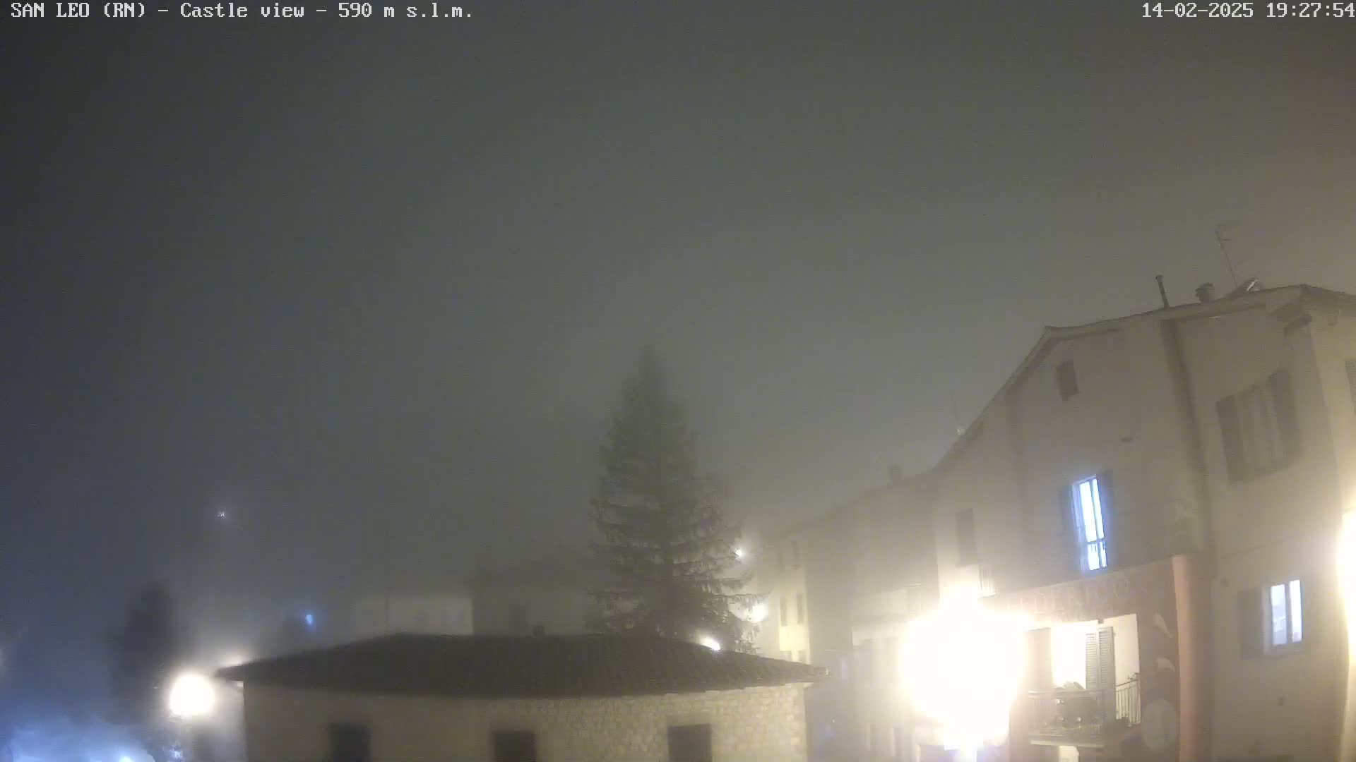 A foggy night scene shows a village with buildings illuminated by lights, a lone evergreen tree standing prominently in the foreground.