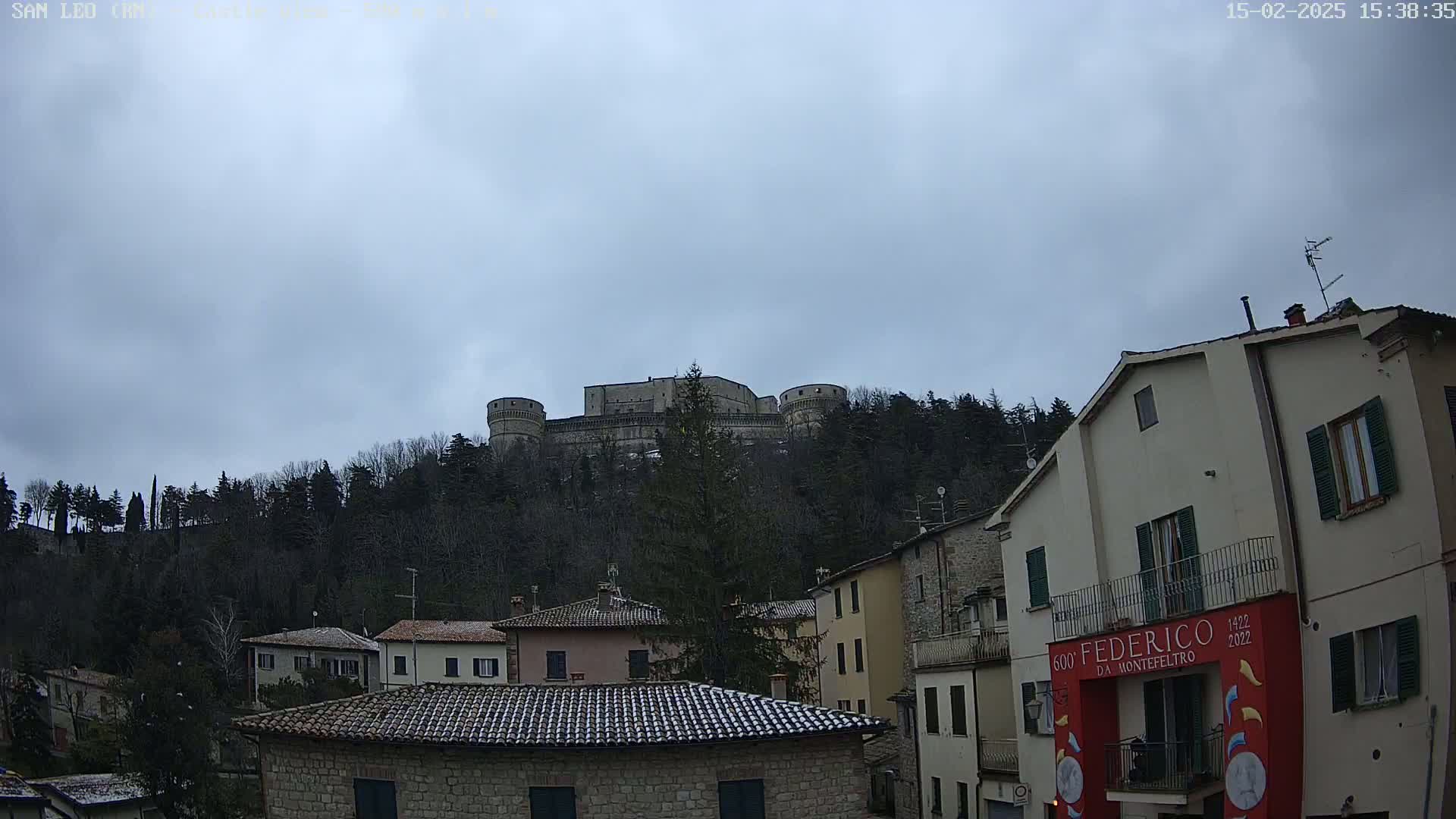 A stone castle sits atop a hill covered in leafless trees, overlooking a town of stone buildings under an overcast sky.