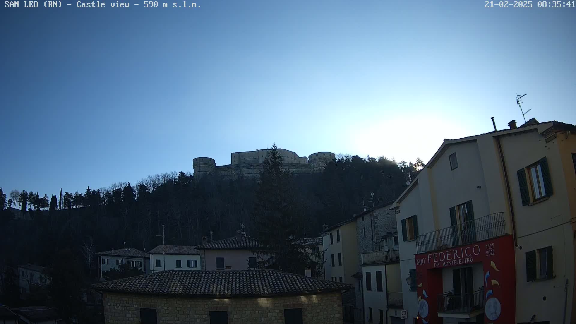 A large stone castle sits atop a hill covered in dark trees under a clear blue sky, overlooked by buildings in a town below.