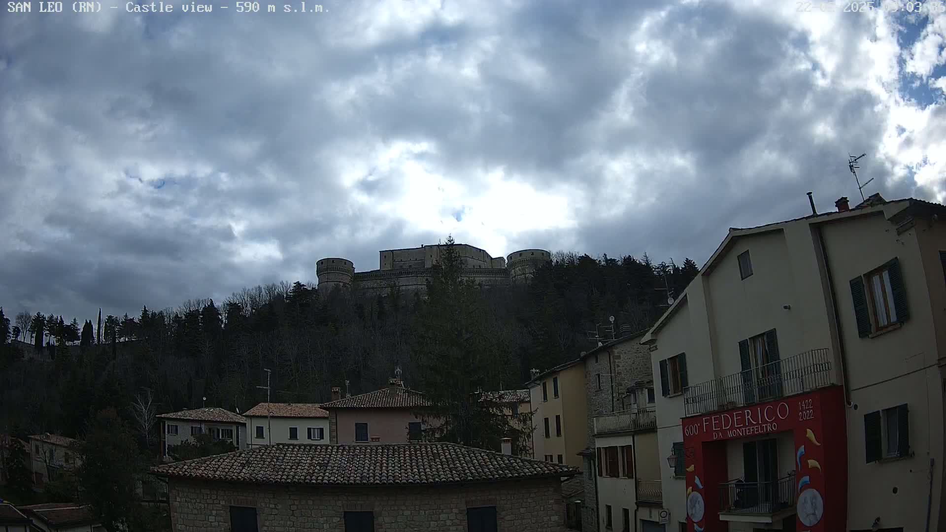 A large stone castle sits atop a tree-covered hill under a cloudy sky, overlooking a town of closely situated buildings.