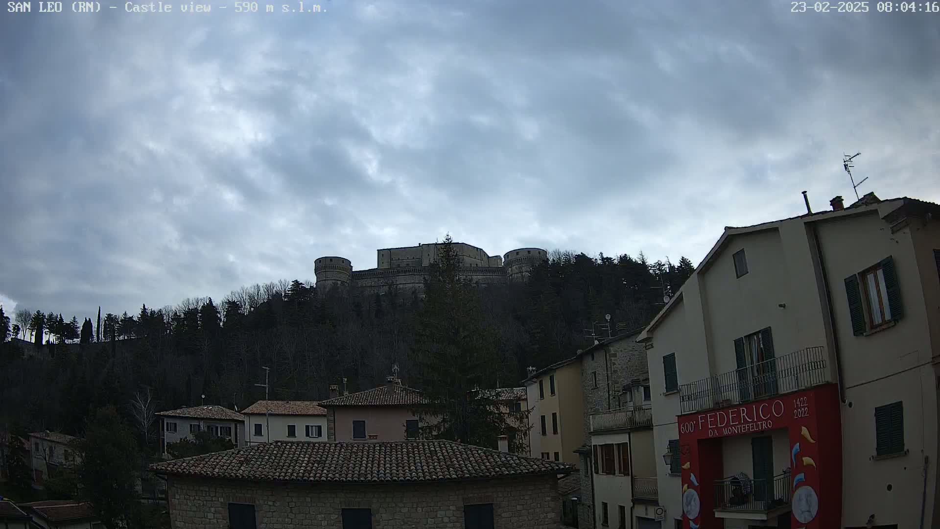 A stone castle sits atop a hill covered in dark trees under a cloudy sky, overlooking a village of stone buildings with reddish-brown roofs.