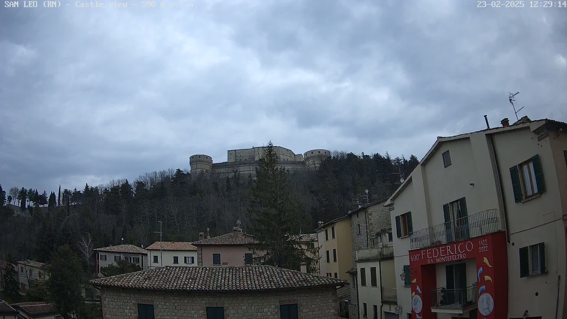 A large stone castle sits atop a hill covered in leafless trees under a mostly cloudy sky, overlooking a town of stone buildings with reddish-brown roofs.