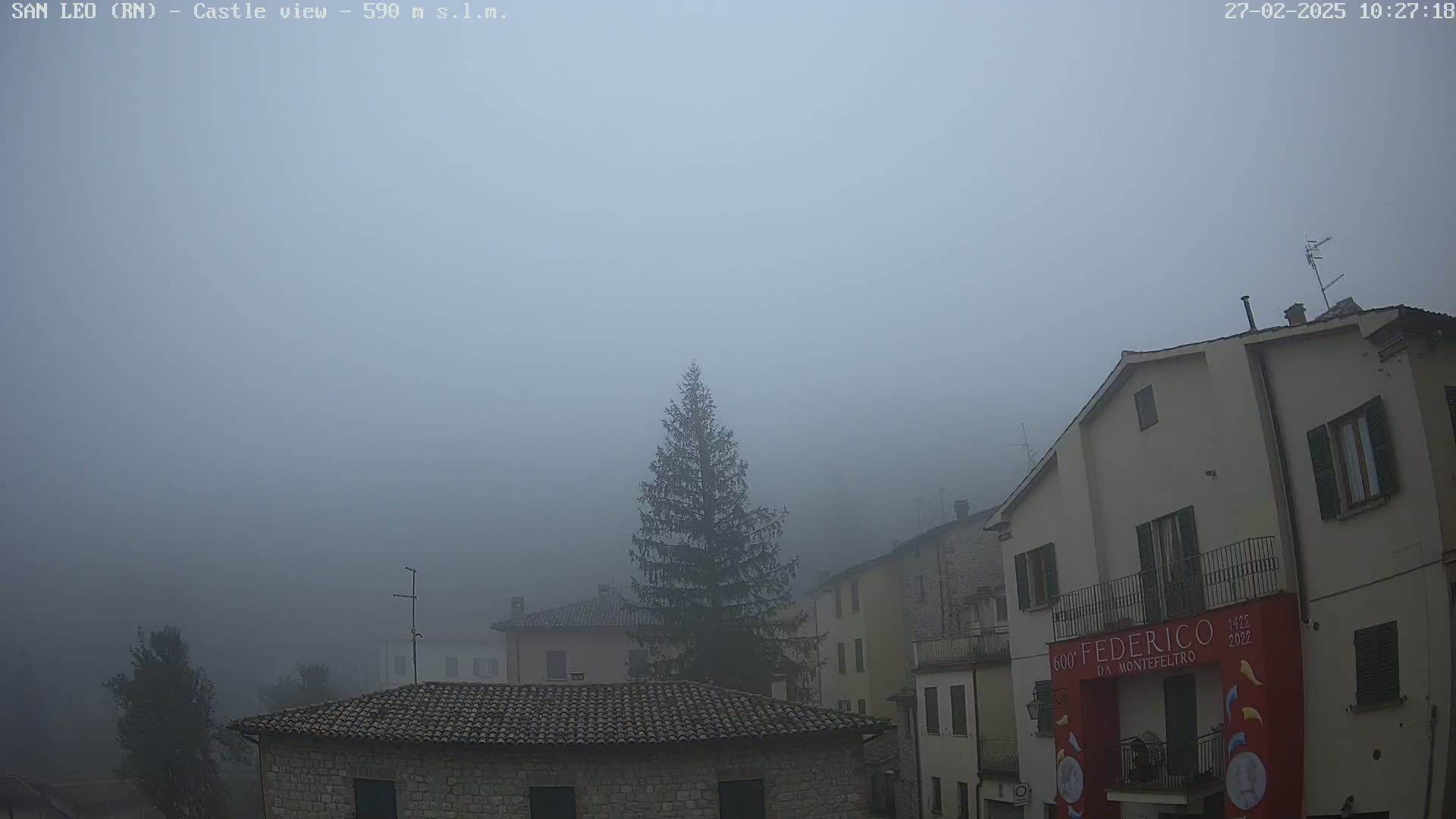 A foggy village scene shows stone buildings and a tall evergreen tree.