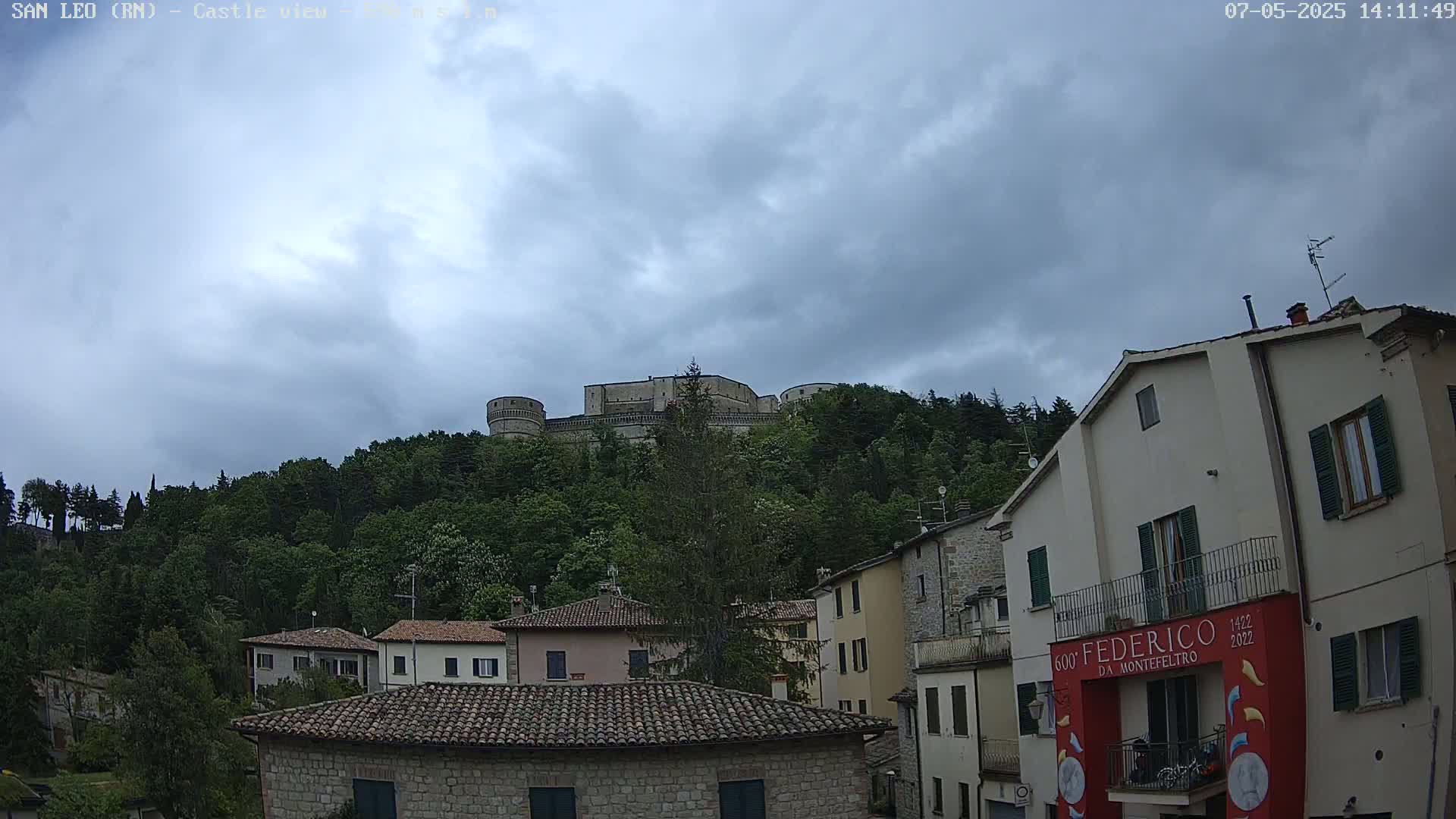 A stone castle sits atop a tree-covered hill under a cloudy sky, overlooking a town with buildings of similar stone construction.