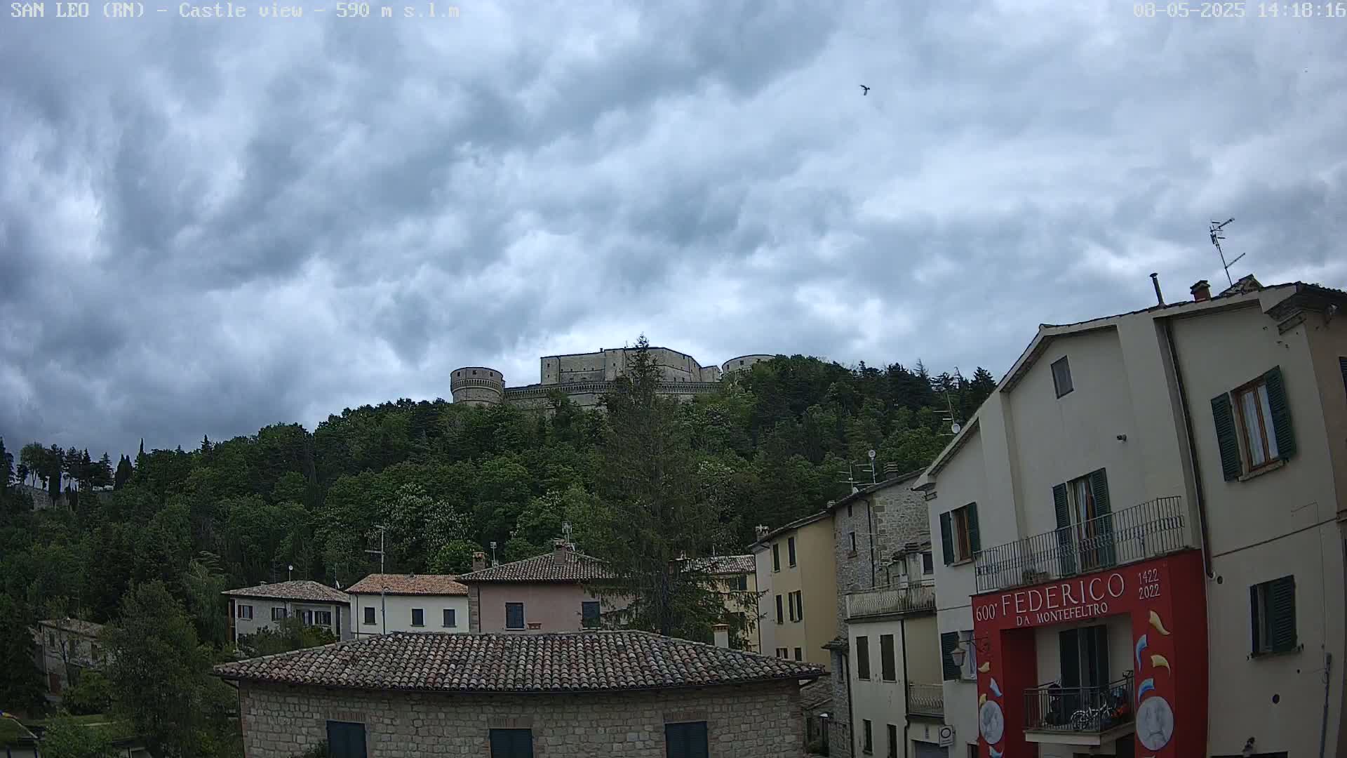 A stone castle sits atop a tree-covered hill under a cloudy sky, overlooking a town with low buildings.