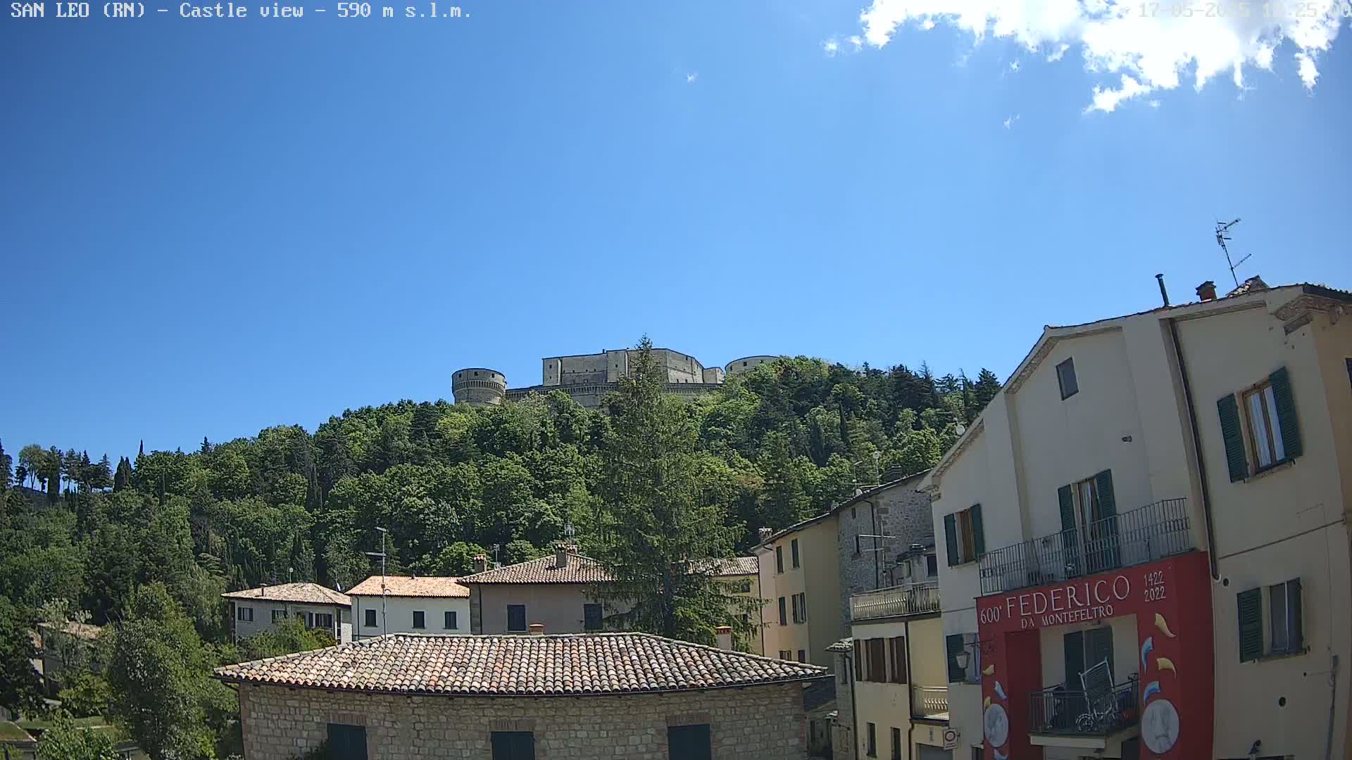 A stone castle sits atop a hill covered in lush green trees under a mostly sunny sky, overlooking a town of buildings with terracotta roofs.