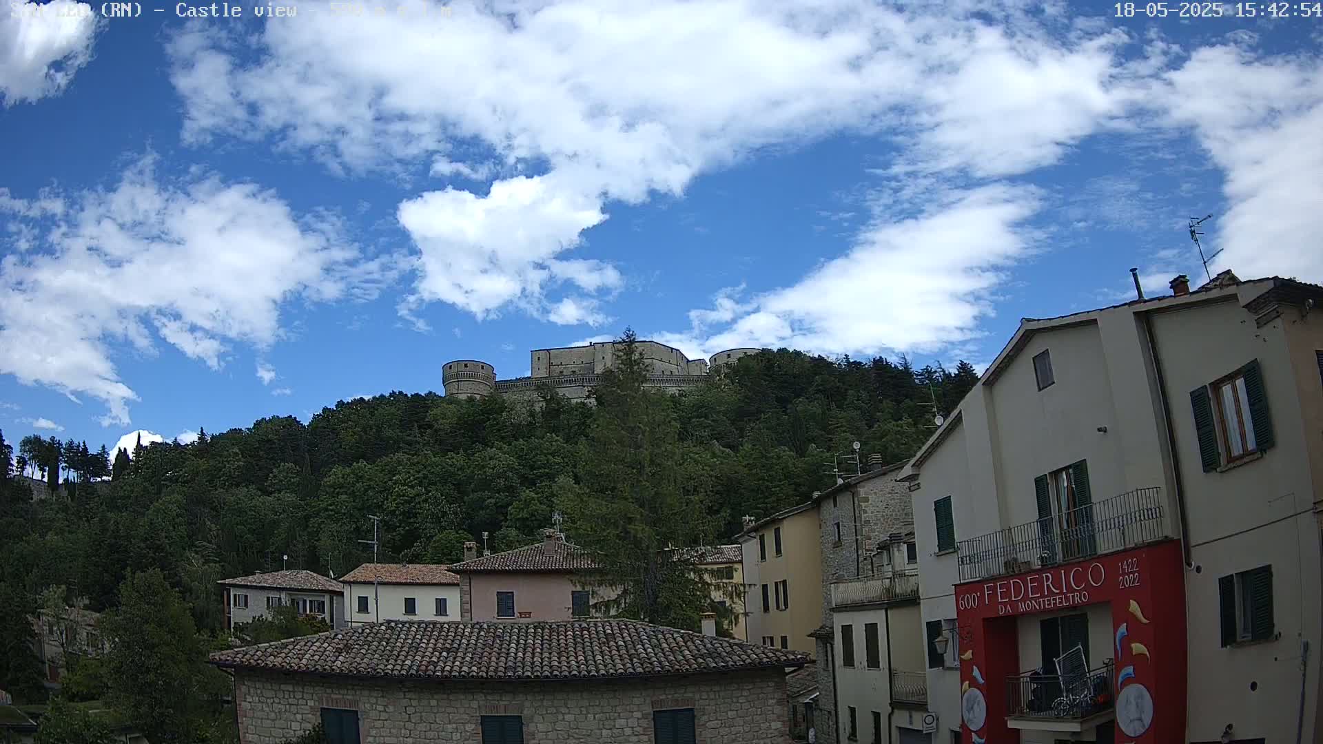 A stone castle sits atop a tree-covered hill under a mostly sunny sky with scattered clouds, overlooking a village of stone buildings.