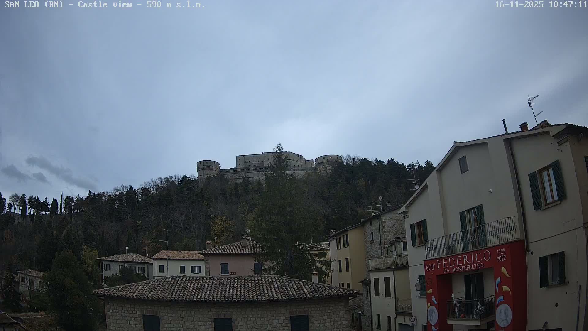 A medieval castle with round towers stands majestically atop a densely wooded hill, overlooking a quaint cluster of houses with tiled roofs under a completely overcast sky.