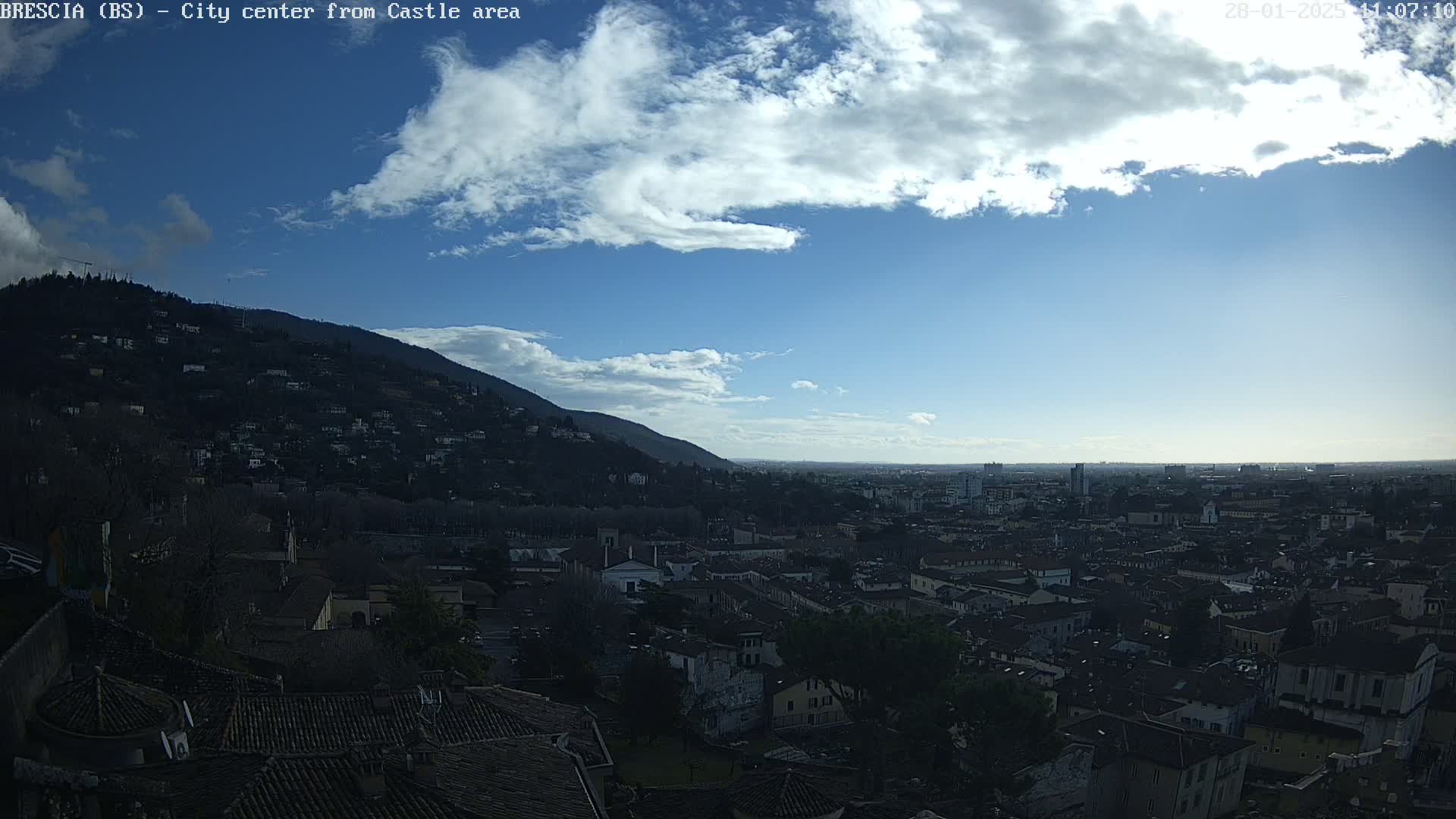 A partly cloudy, sunny day overlooks a sprawling city nestled beside a mountain.