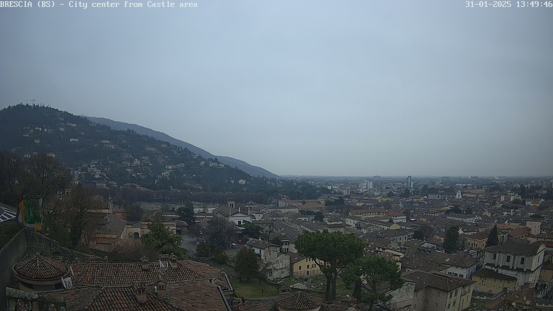 A sprawling city at the foot of a hill, viewed on an overcast day.