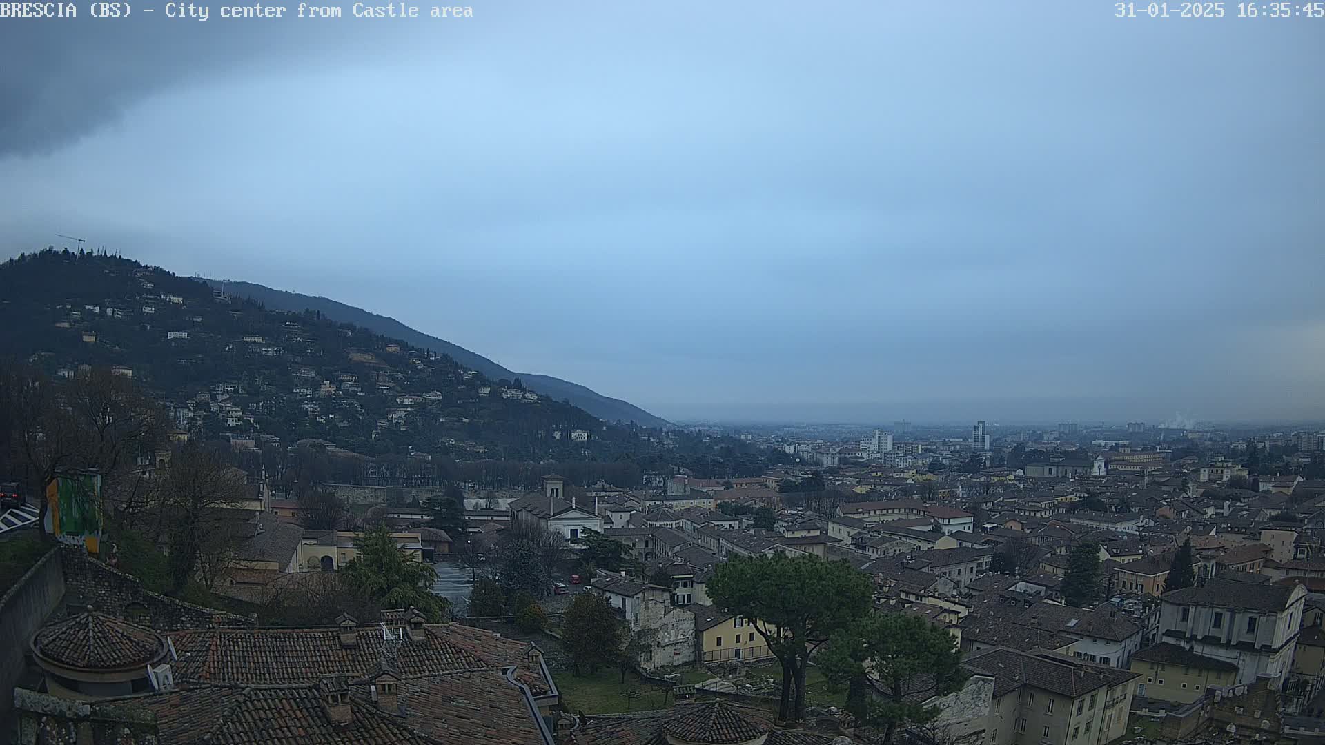 A sprawling city nestled in a valley beneath a hill, viewed on an overcast day.