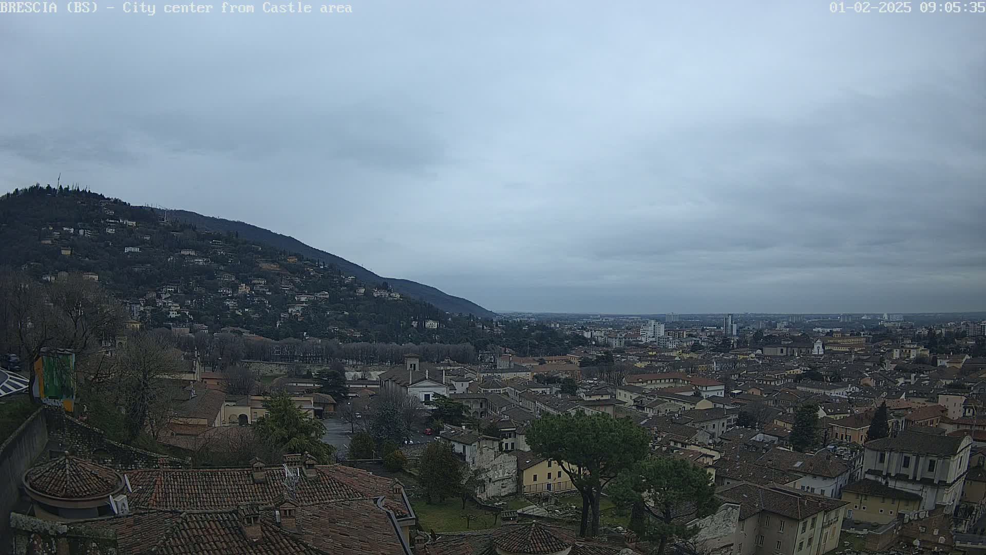 A sprawling city with numerous brown-roofed buildings extends to the horizon under a cloudy sky, nestled against a hill covered in more buildings and trees.