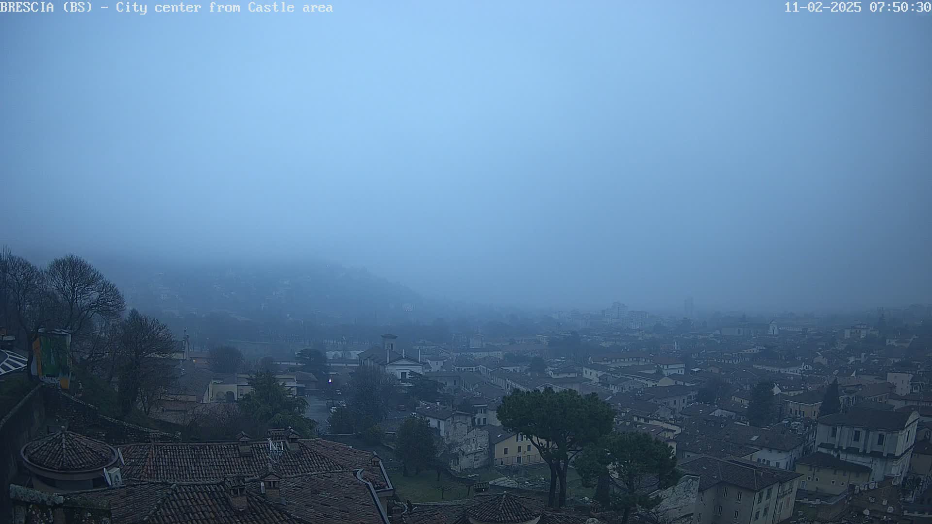 A hazy, blue-toned city view from an elevated vantage point shows many low buildings extending into a distant fog.