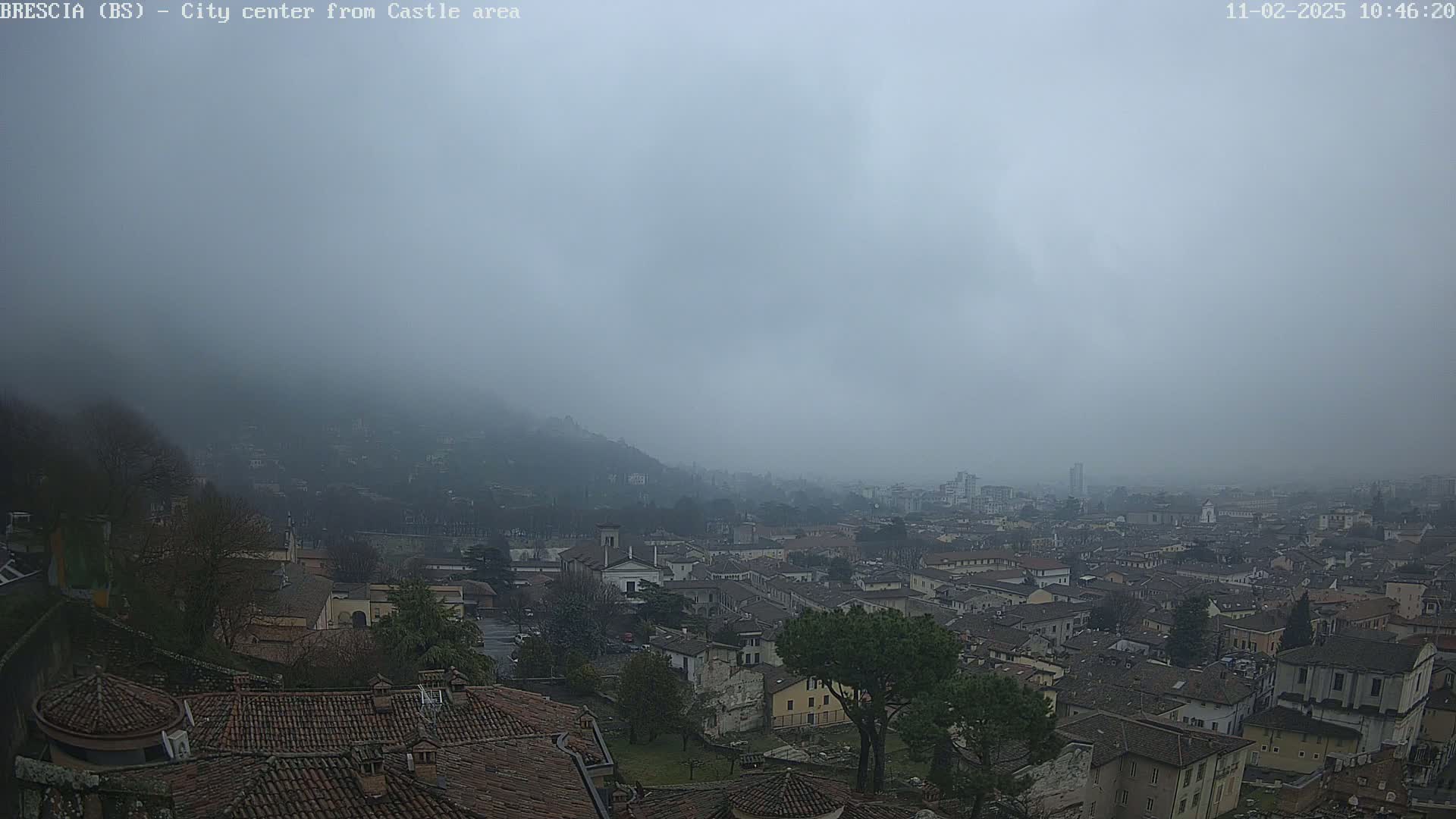 A foggy city landscape is viewed from a high vantage point, showing numerous buildings and a hill in the distance.