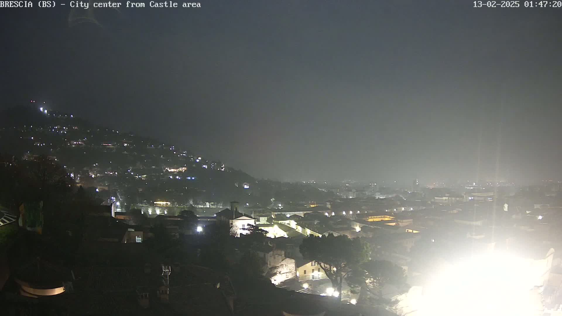 A nighttime view of a city sprawling across a hillside, shrouded in a hazy atmosphere.