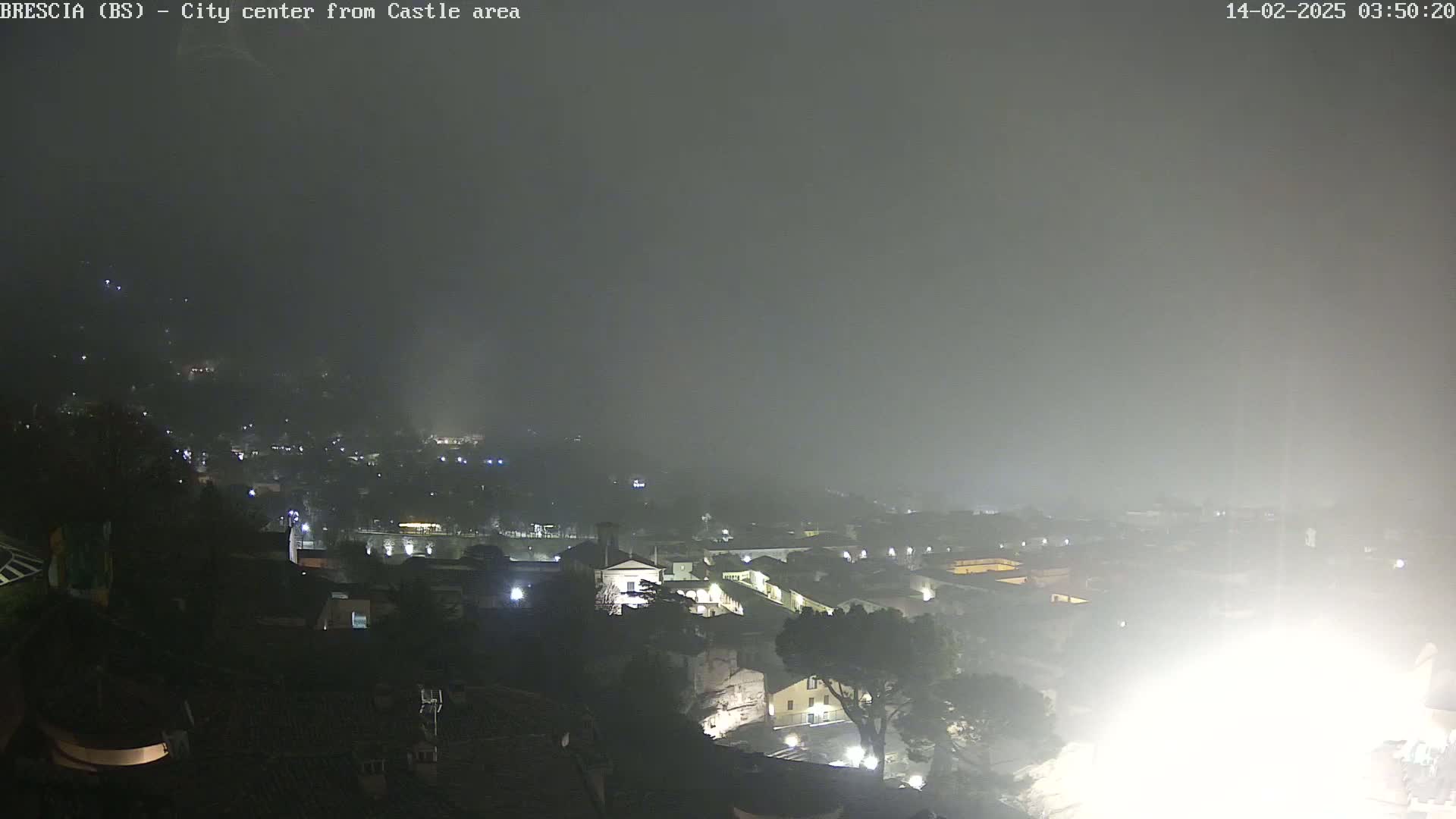 A nighttime, foggy view of a city sprawling across a hillside, illuminated sparsely by streetlights.