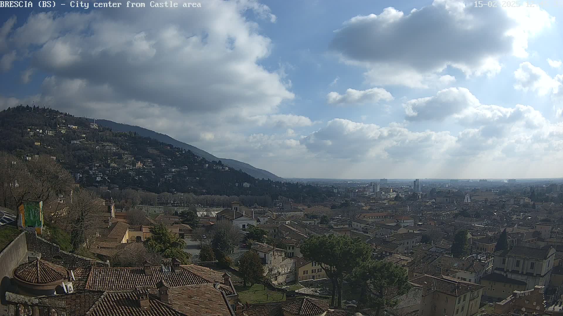 A partly cloudy day reveals a sprawling city scene nestled between a hill and a vast plain, viewed from a high vantage point.