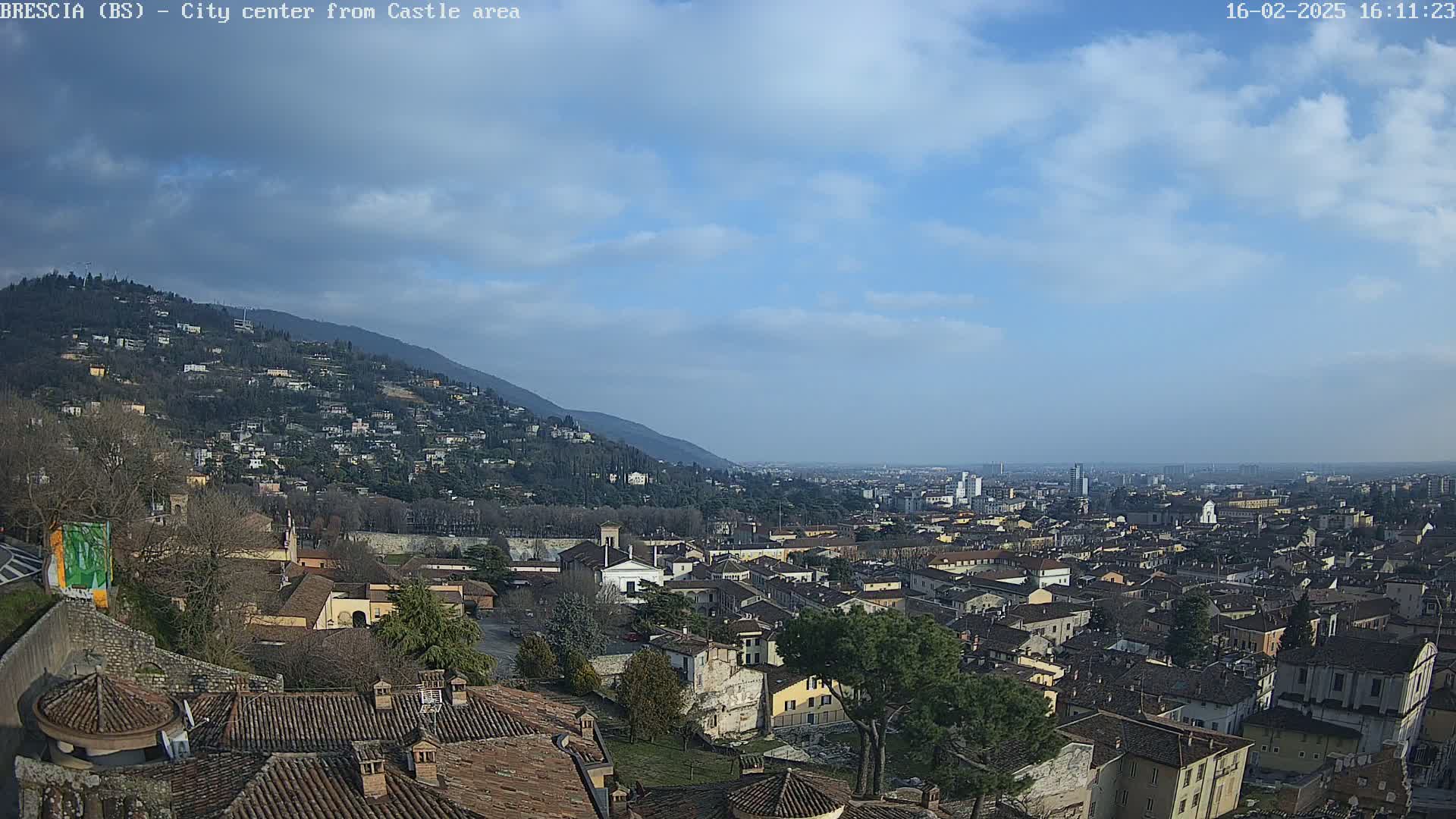 A sprawling city with a hill in the background under a mostly sunny sky with a few clouds.