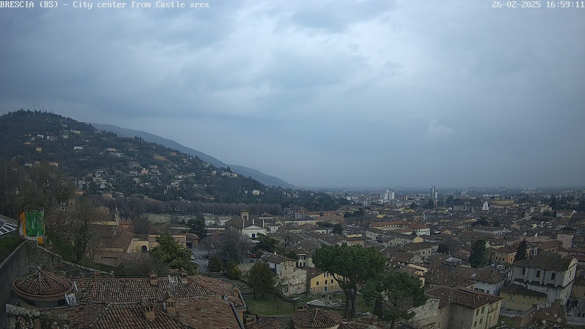 A view of a city nestled at the foot of a hill under an overcast sky shows many brown-tiled roofs and a few taller buildings.