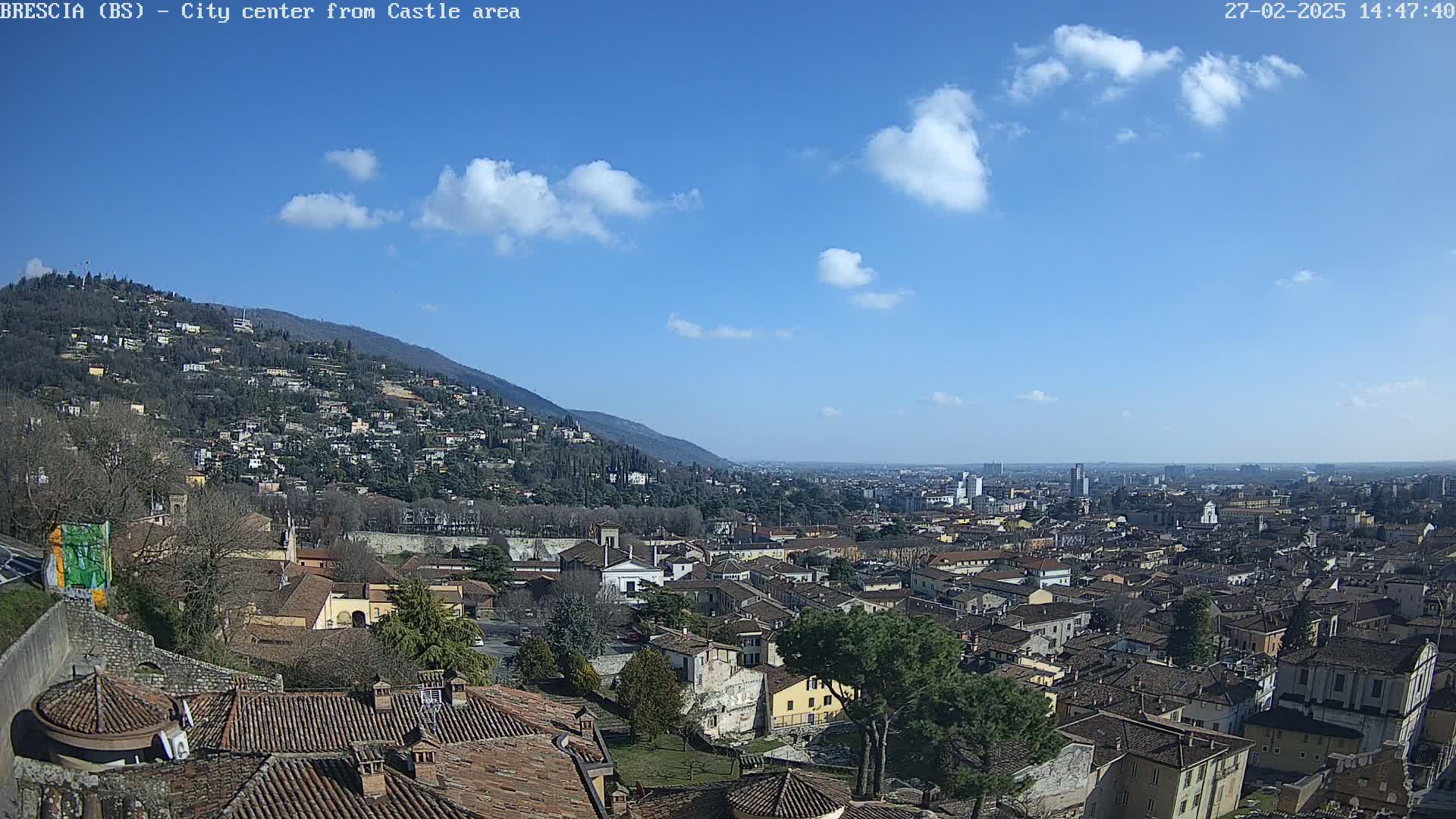 A sprawling city is viewed from a hilltop on a sunny day with a few scattered clouds.
