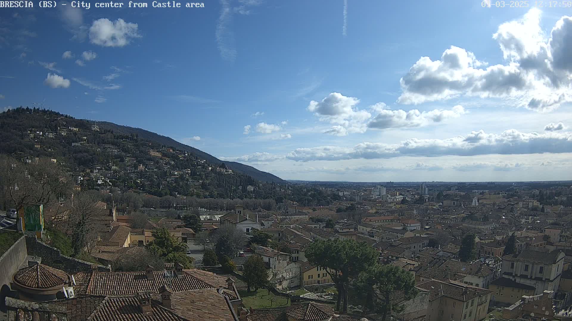 A sunny day with partly cloudy skies overlooks a sprawling city nestled at the base of a hill, dotted with buildings and trees.