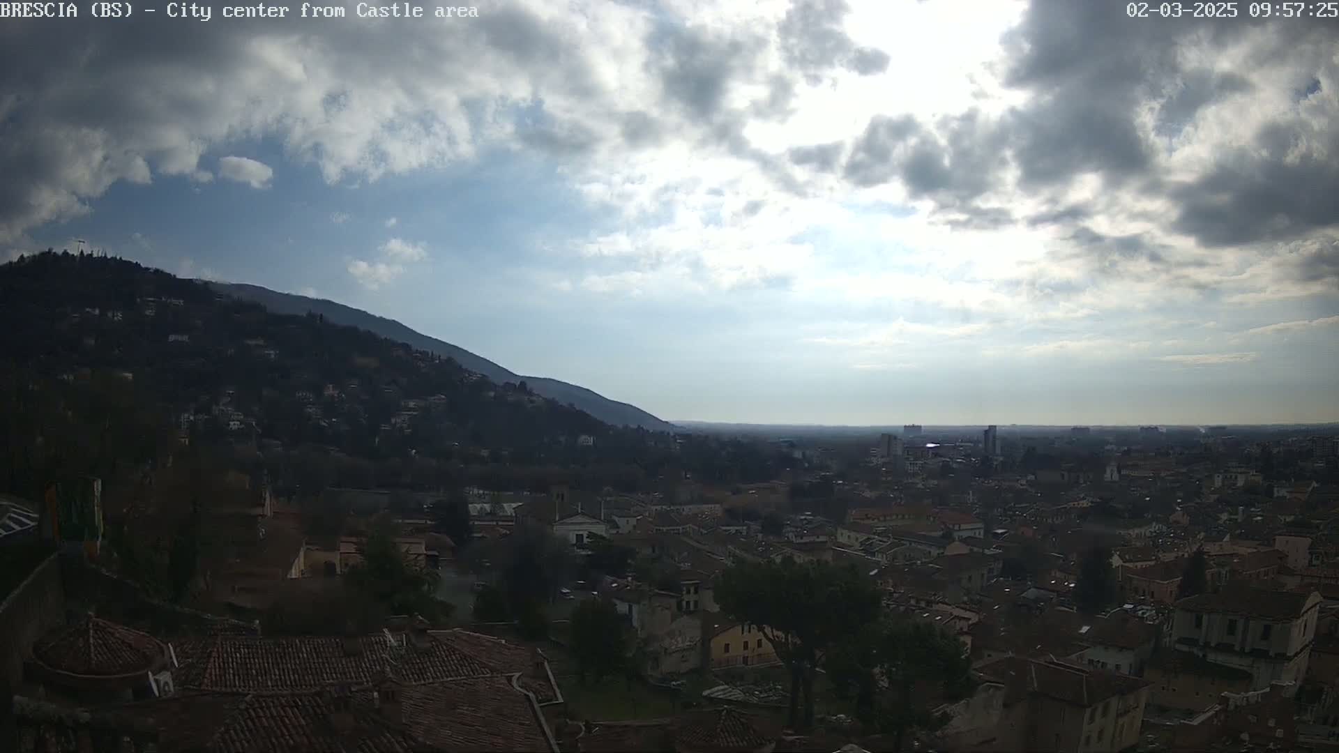 A partly cloudy sky overlooks a sprawling city nestled at the base of a mountain.