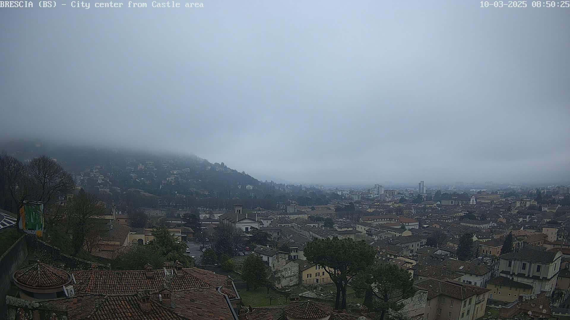 A foggy cityscape viewed from a hilltop, showing many low buildings with red-tiled roofs.