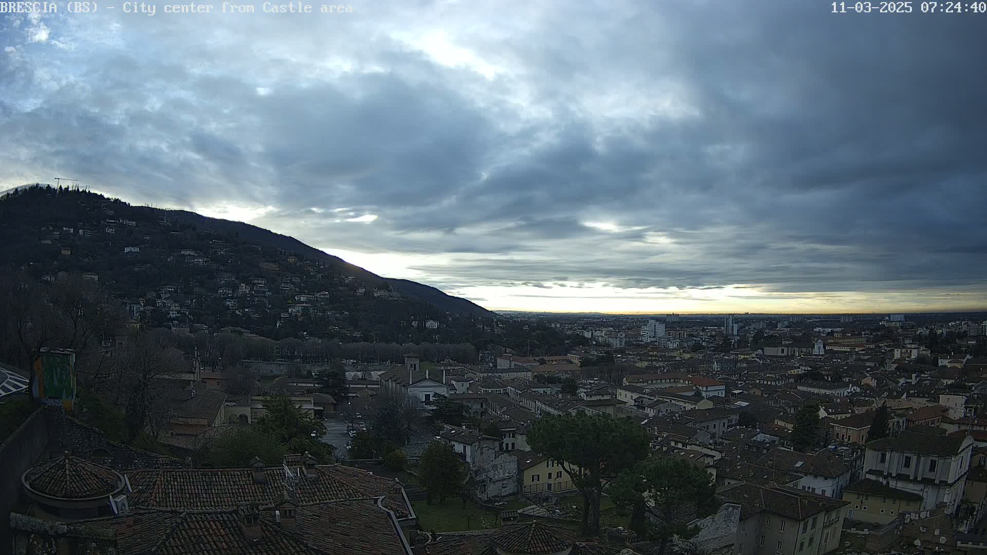 A sprawling city under a mostly cloudy sky, with a sunlit hill in the background.