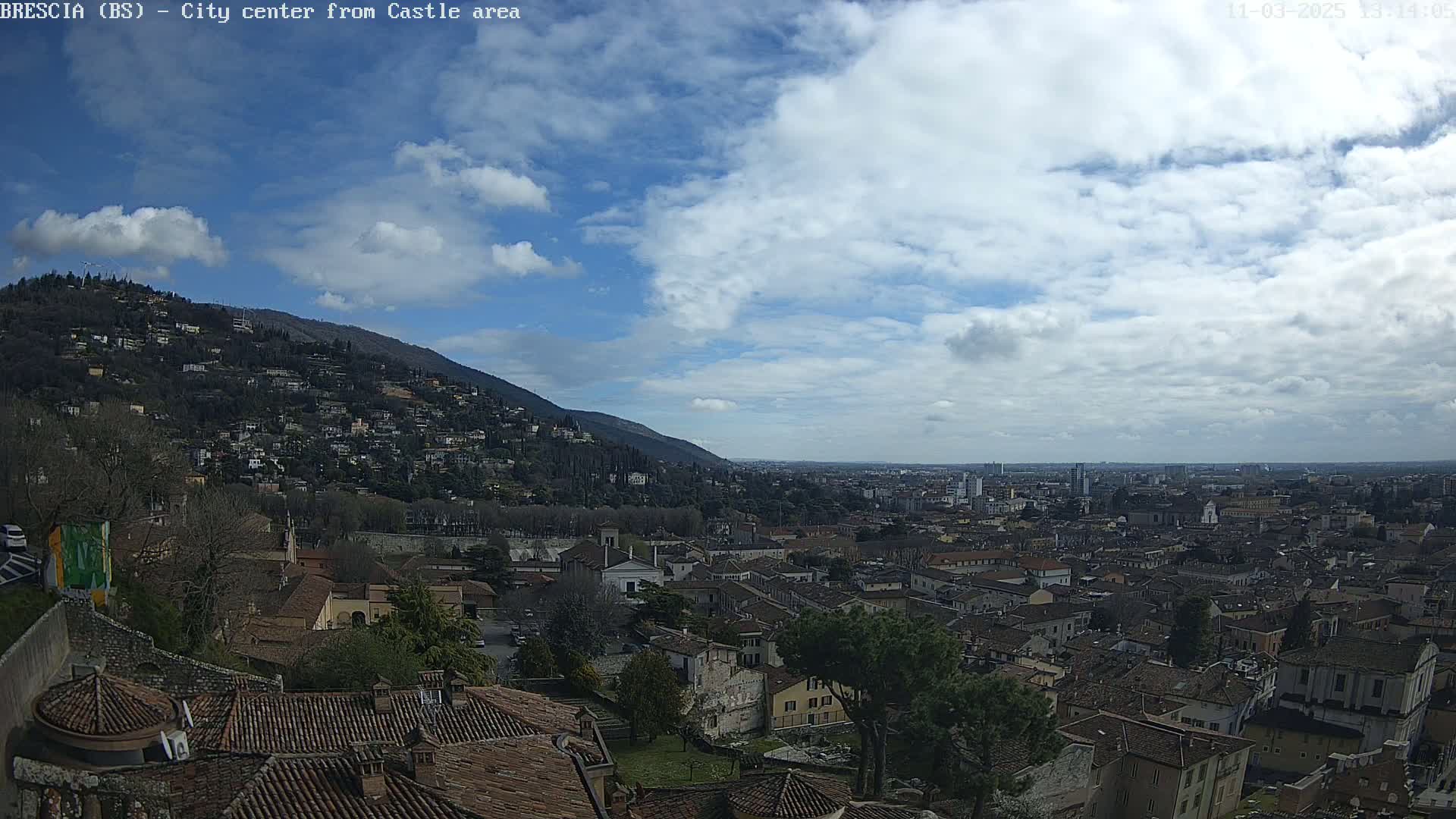 A partly cloudy day reveals a sprawling city view from a hilltop, showcasing a dense collection of buildings extending to the horizon, nestled against a mountainside.