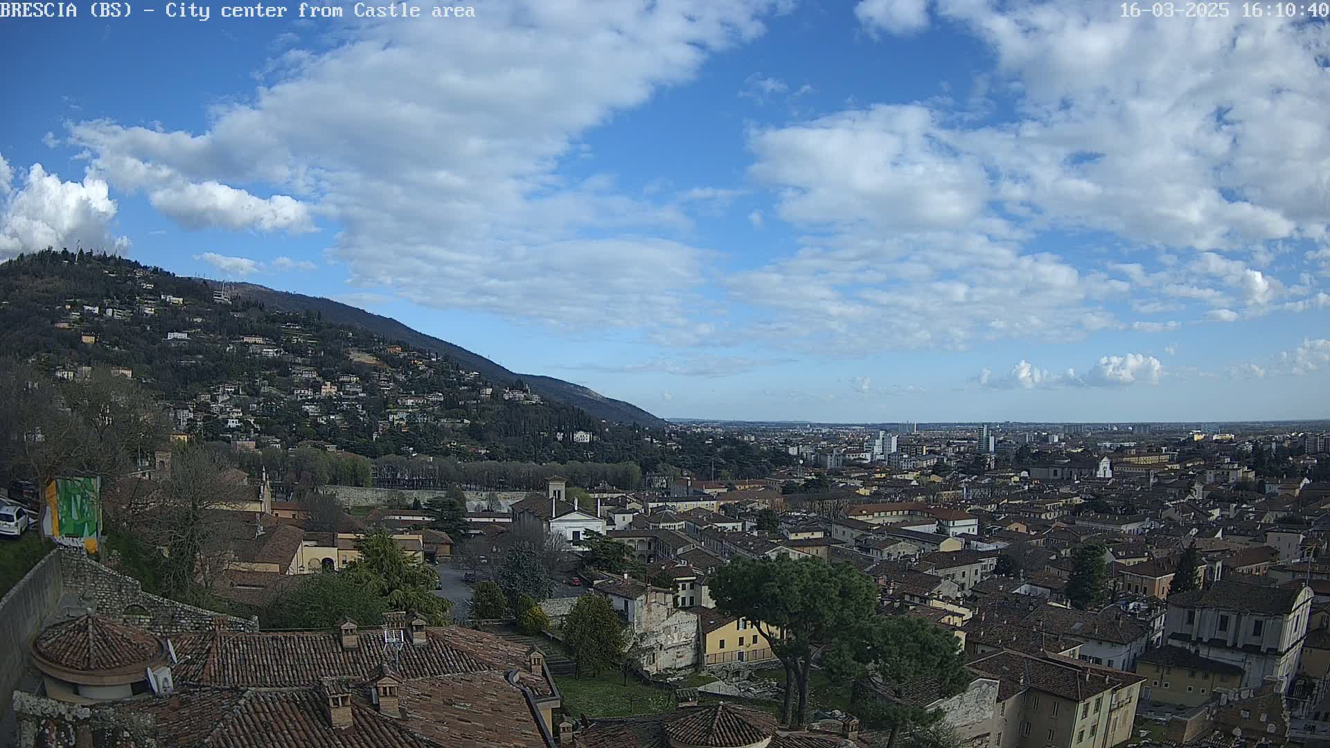 A sprawling city nestled against a hill under a partly cloudy blue sky.