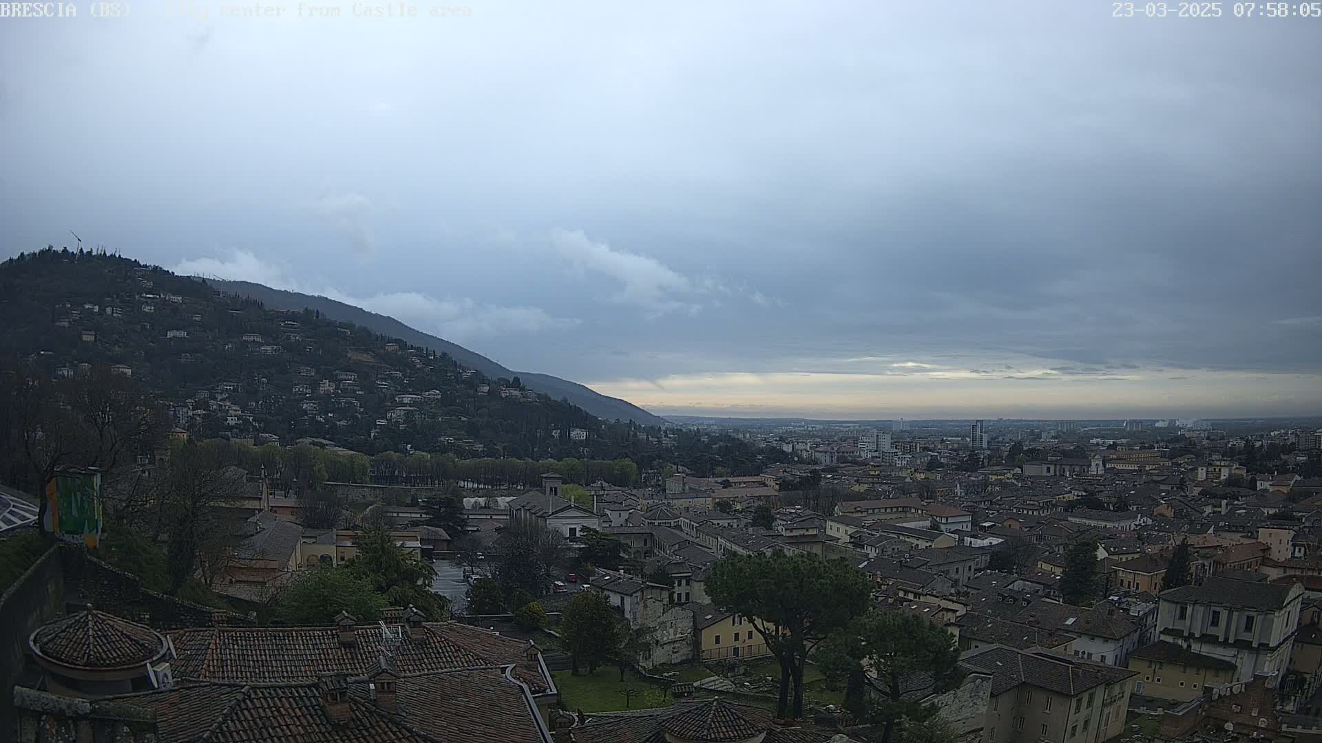 A sprawling city nestled beneath a hill, viewed on an overcast day.