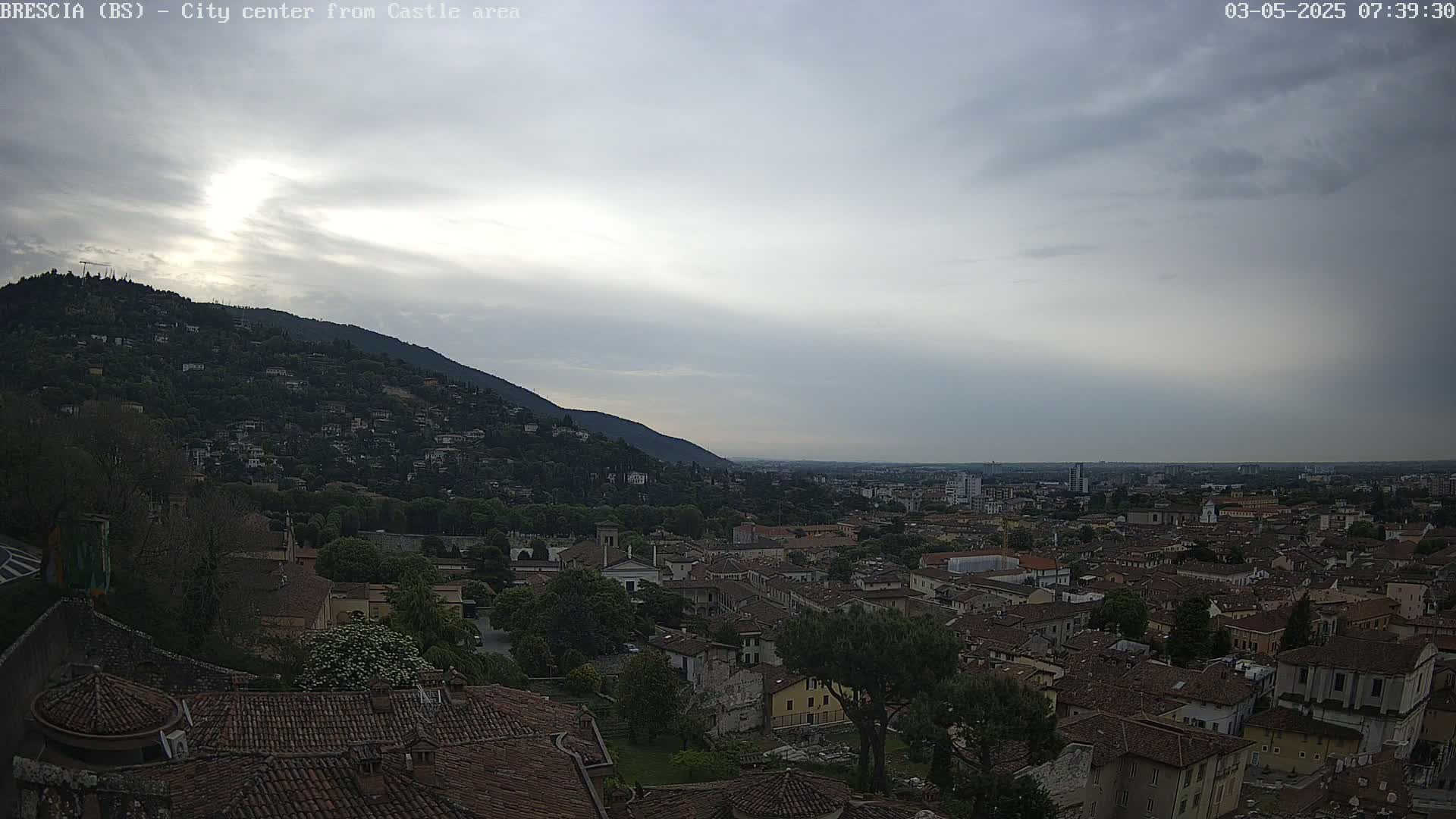 An overcast sky looms over a sprawling city nestled at the base of a verdant hill.