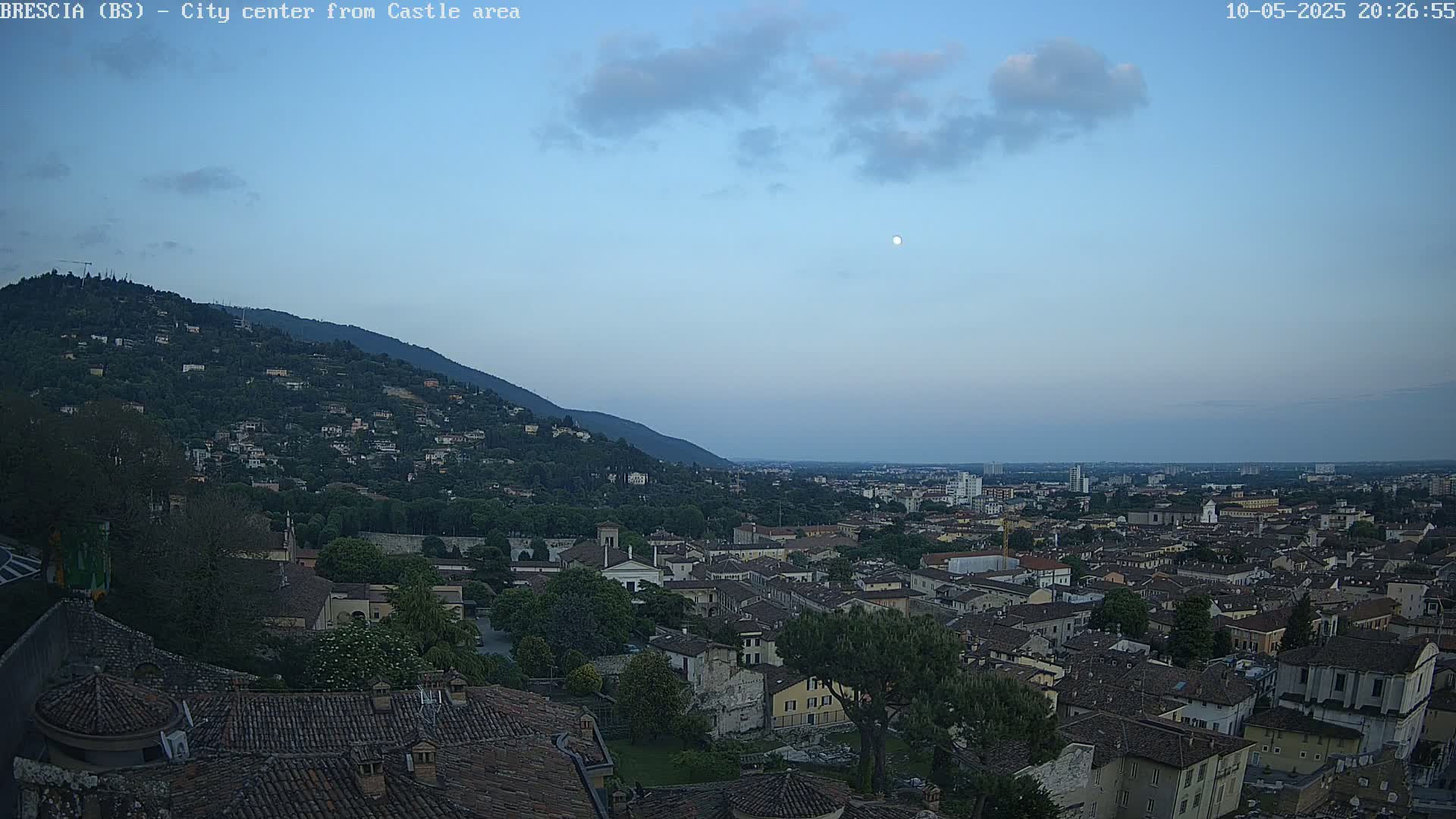 A city sprawls beneath a hill under a twilight sky with a visible moon.