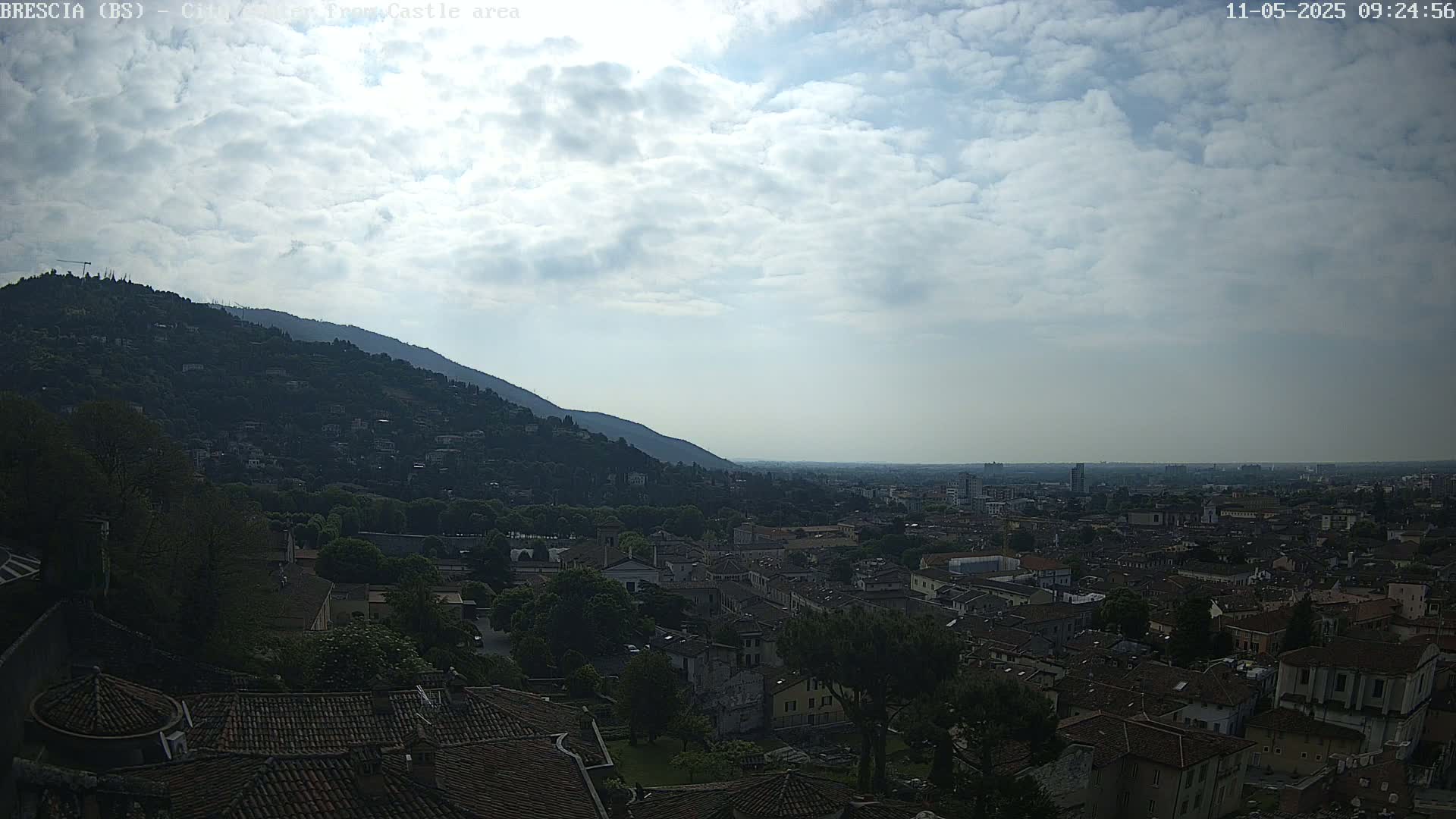 A partly cloudy sky overlooks a sprawling city nestled against a verdant mountain.
